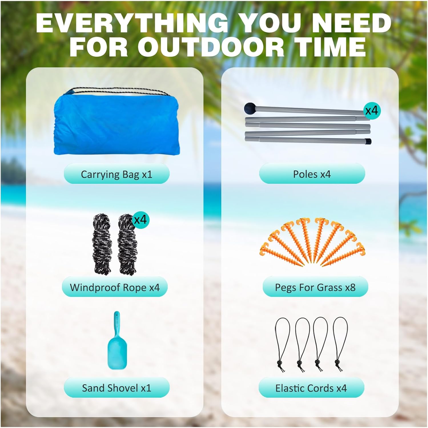Beach Canopy Beach Tent 11X11 FT Beach Shade Canopy UPF50+ Sun Protection Windproof Ropes 4 Poles Carry Bag Easy to Set Up for Outdoor Camping
