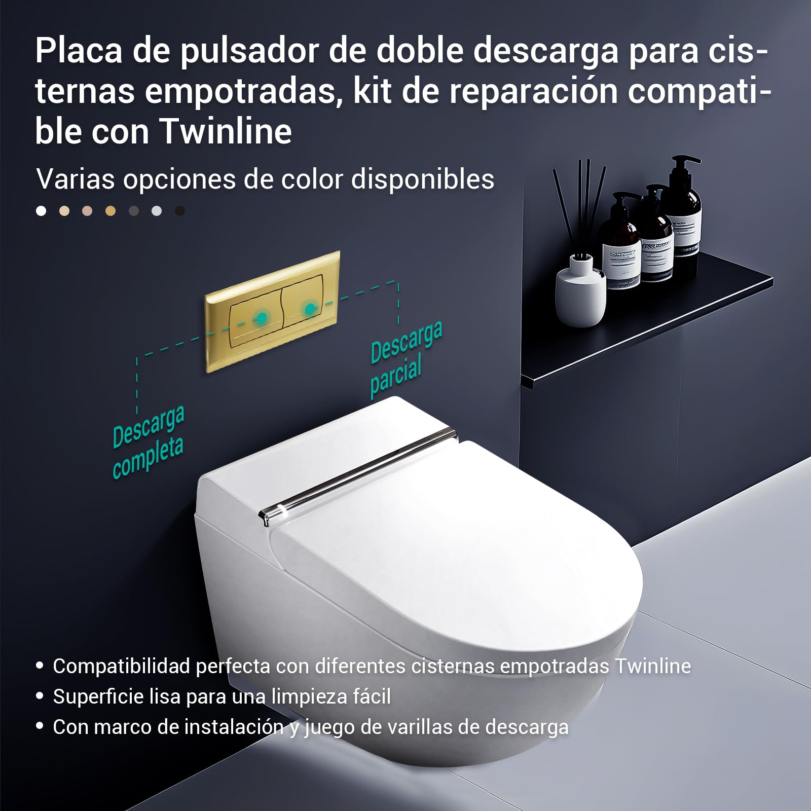 Empyreal Placa de Descarga para Cisterna de WC, Compatible con Geberit Twinline 30&UP130, Con el Kit de la Palanca de Descarga y Tornillos, Doble Función,340 x 185mm(Oro Mate)
