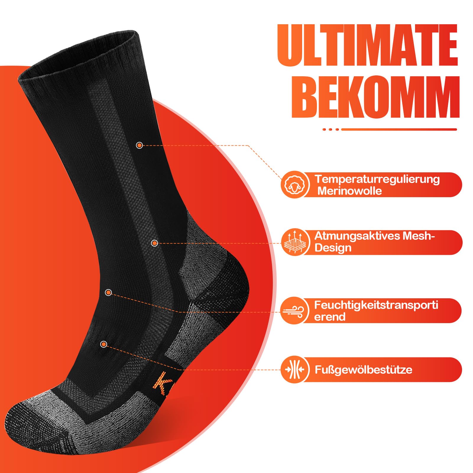 Merino Wollesocken Thermosocken Gepolstert Arbeitssocken Warme Socken Herren & Damen Outdoor Wintersocken Trekkingsocken,Merinowolle Sportsocken Laufsocken Sneakersocken [3 Paar]