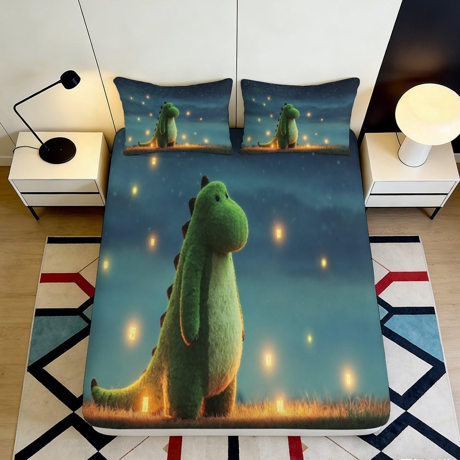 Decorative dinosaur fitted sheet set, 3D Printed, soft touch, Microfiber, wrinkle resistant, guest room bedding, stylish room accent, easy care 90x200x25cm