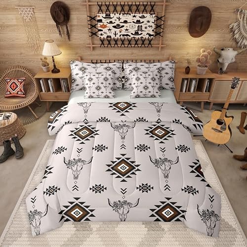 Southwestern Aztec 7 Pieces Bedding Set Queen,Rustic Bull Skull Bed in a Bag,Gre