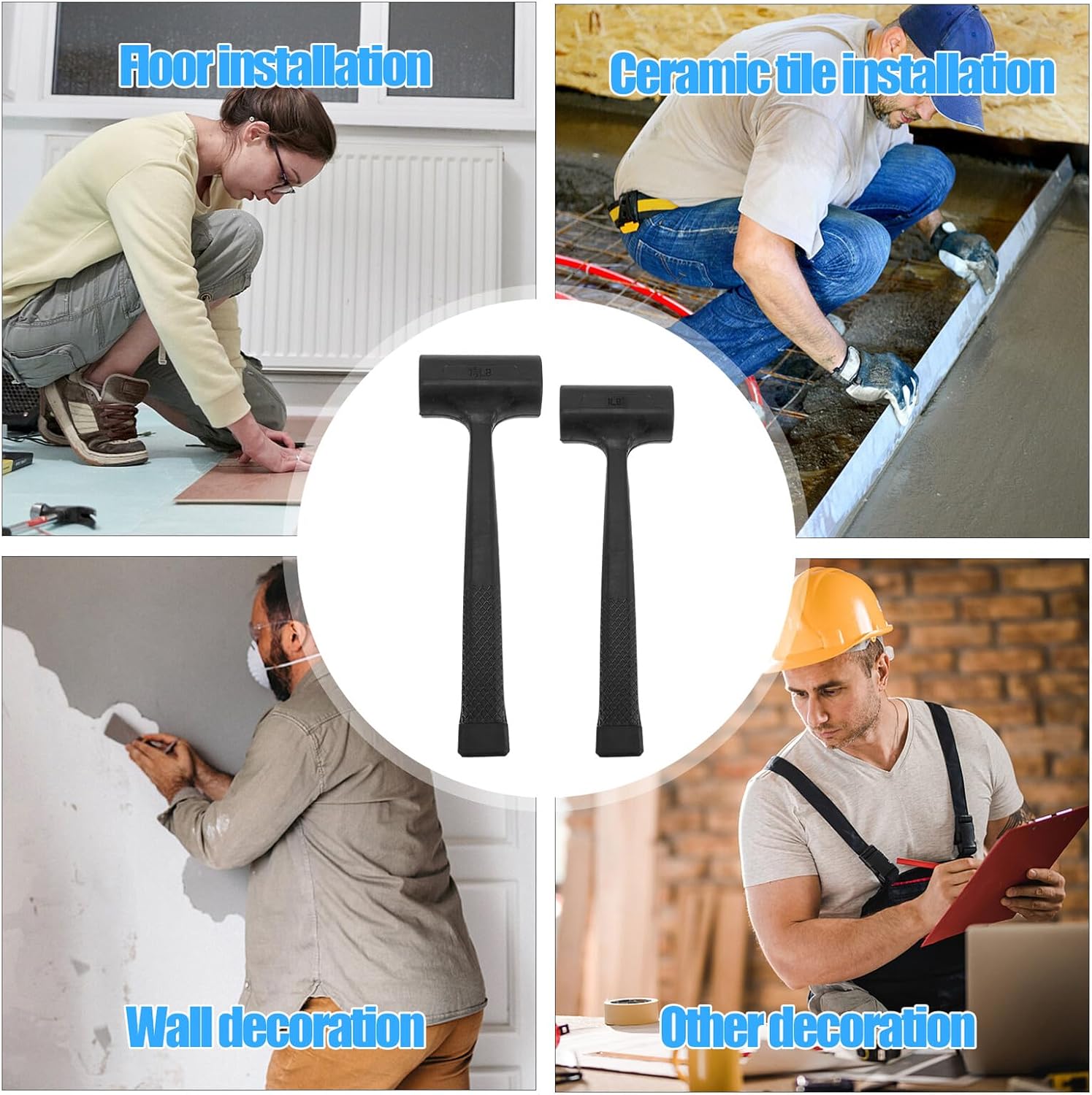 2 Pcs Anti-slip Rubber Hammers Shock-resistant Tile and Floor Installation Mallets with Ergonomic Handles Rubber and for Woodworking Construction and Automotive Use