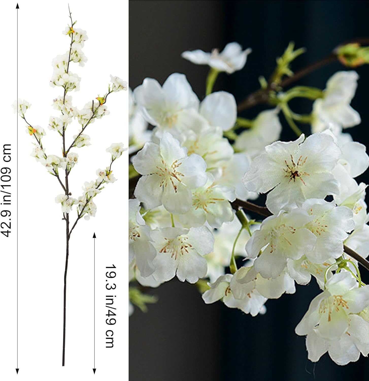 6PCS Artificial Cherry Blossom Branches Faux Cherry Silk Flowers Vine Tall Stems Artificial Flower for Vase Wedding Home Decor (White) - Image 2