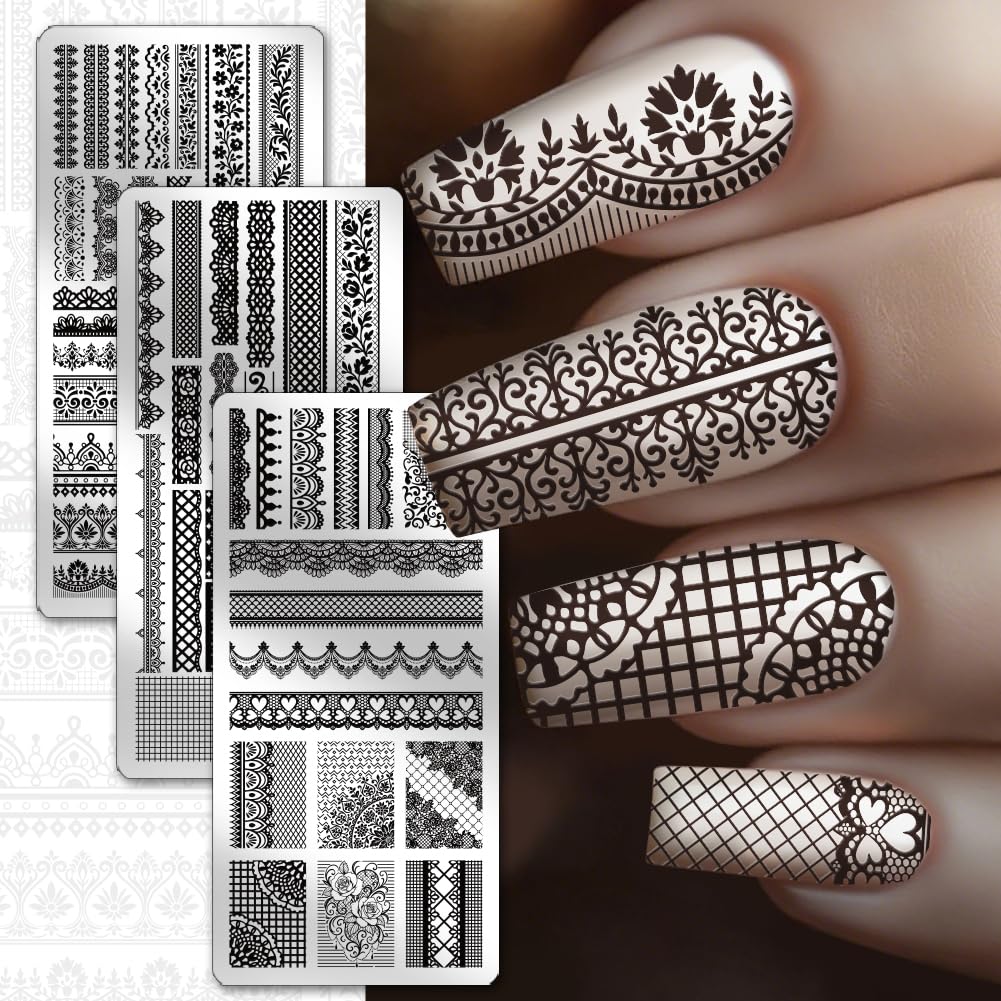 PH PandaHall 3pcs Lace Trim Nail Stamping Plates Flower Lace Nail Art Templates Retro Texture Manicure Stamper French Tip Nails Image Plates for Women DIY Manicures Salon Design Printing - Image 3