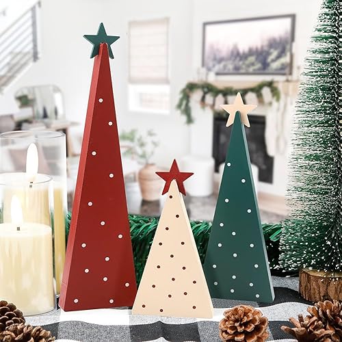 Miniatura 9 de TonJin 3 piezas de decoración de mesa de Navidad, tres tamaños, letrero de madera para árbol de Navidad con estrella para el hogar, estante de