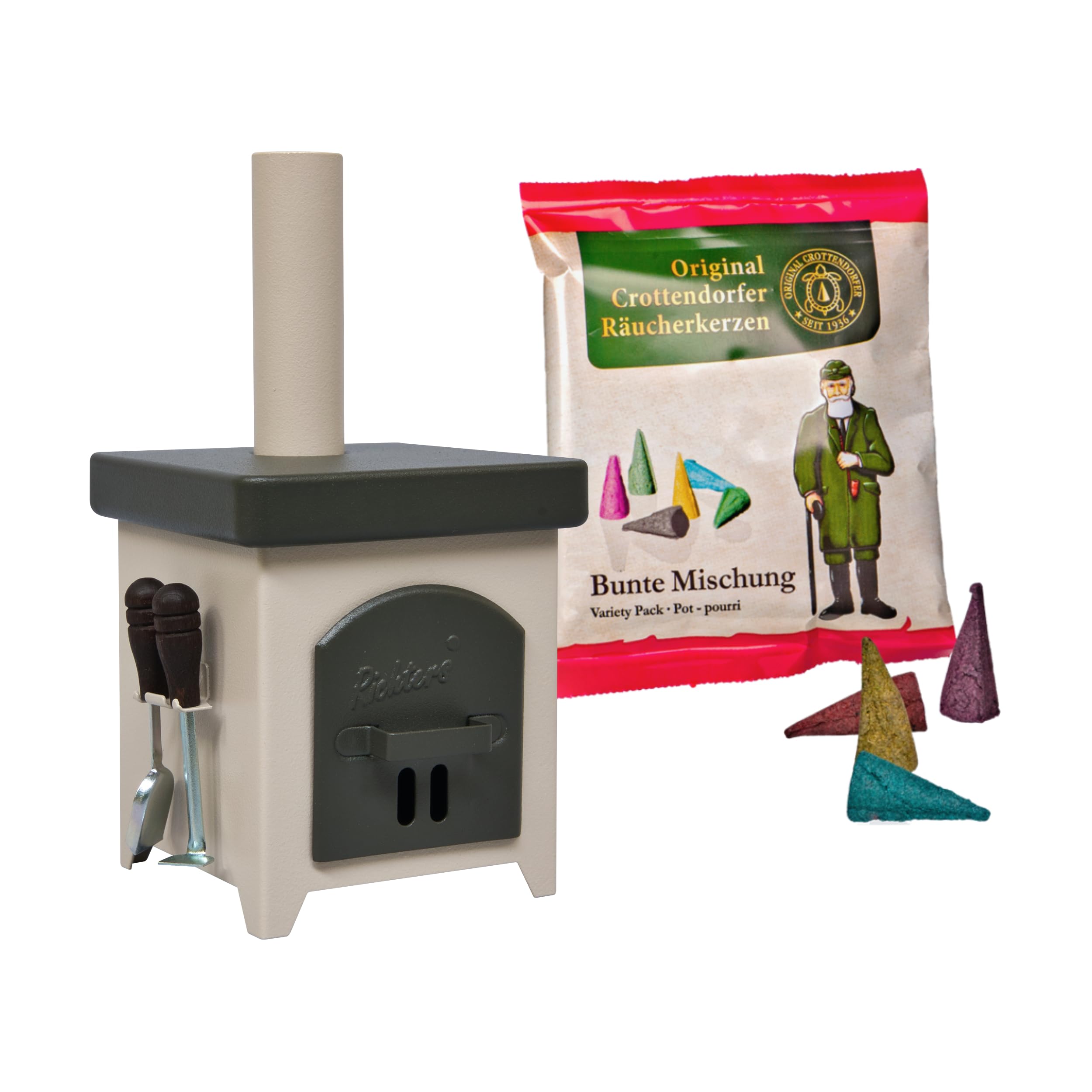 Crottendorfer Räucherkerzenofen Hüttenofen - aus Feinblech - Farbe: anthrazit/Elfenbein - inklusive Probepackung & Ofenbesteck - Höhe: 15cm - Made in Germany