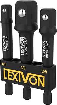 Lexivon Impact Grade Socket Adapter Set 3-Inch Extension Bit with Holder 3-piece 1/4 inch 3/8 inch and 1/2 inch Drive LX-101
