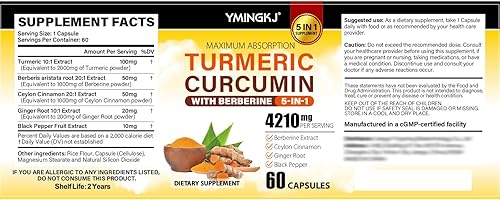 Miniatura 5 de Suplemento de curcumina de cúrcuma con pimienta negra y botánicos bioactivos, cúrcuma, jengibre, berberina, canela de Ceilán, suplemento premium