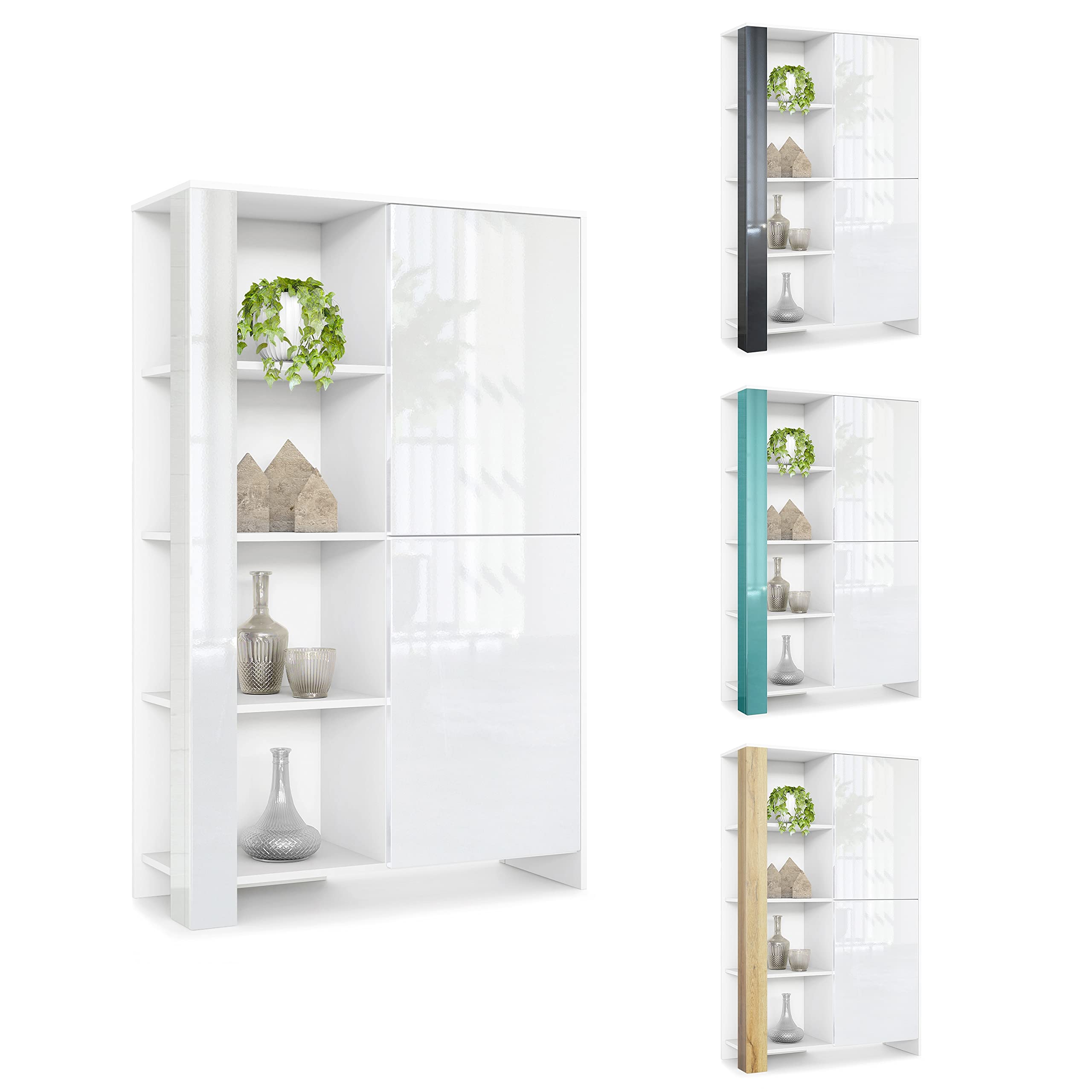 Vladon Highboard Canto, Made in Germany, hoher Schrank mit 2 Türen und 8 Fächern, Korpus Weiß matt, Fronten Weiß Hochglanz, Dekor-Paneele Eiche Ribbeck (95 x 151,5 x 36 cm)