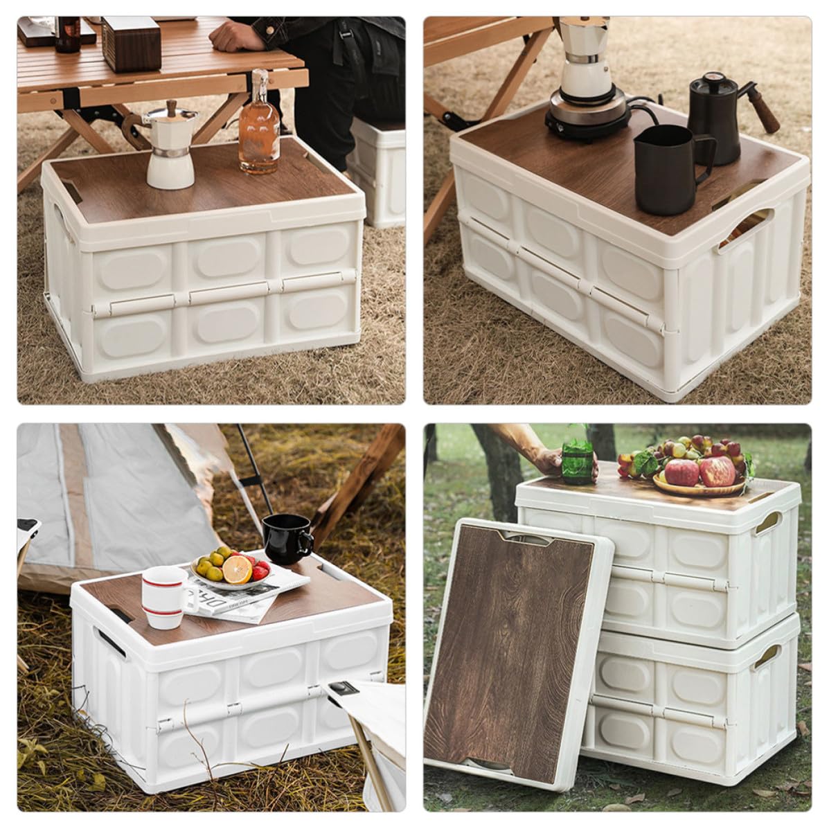 Caja de Almacenamiento Plegable, Contenedor de Almacenamiento, Pequeño 38,5x27x21cm, Pp y Tablero de Madera, Tapa, Blanco, para Ropa y Ropa de Cama, para Camping y Maletero