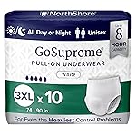 NorthShore GoSupreme Overnight Incontinence Underwear, 8-Hour Pullup Style, 3X-Large, 10 Count Bag, White, 74-90 inches, Unisex Adult Diapers
