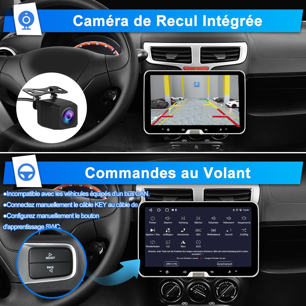AWESAFE Autoradio 1 Din Universel Android 13 | Écran Tactile Amovible 10,1 Pouces | 2Go+64Go | CarPlay & Android Auto | Caméra de Recul | Bluetooth WiFi | FM RDS | Mirror Link | Autoradio Multimédia