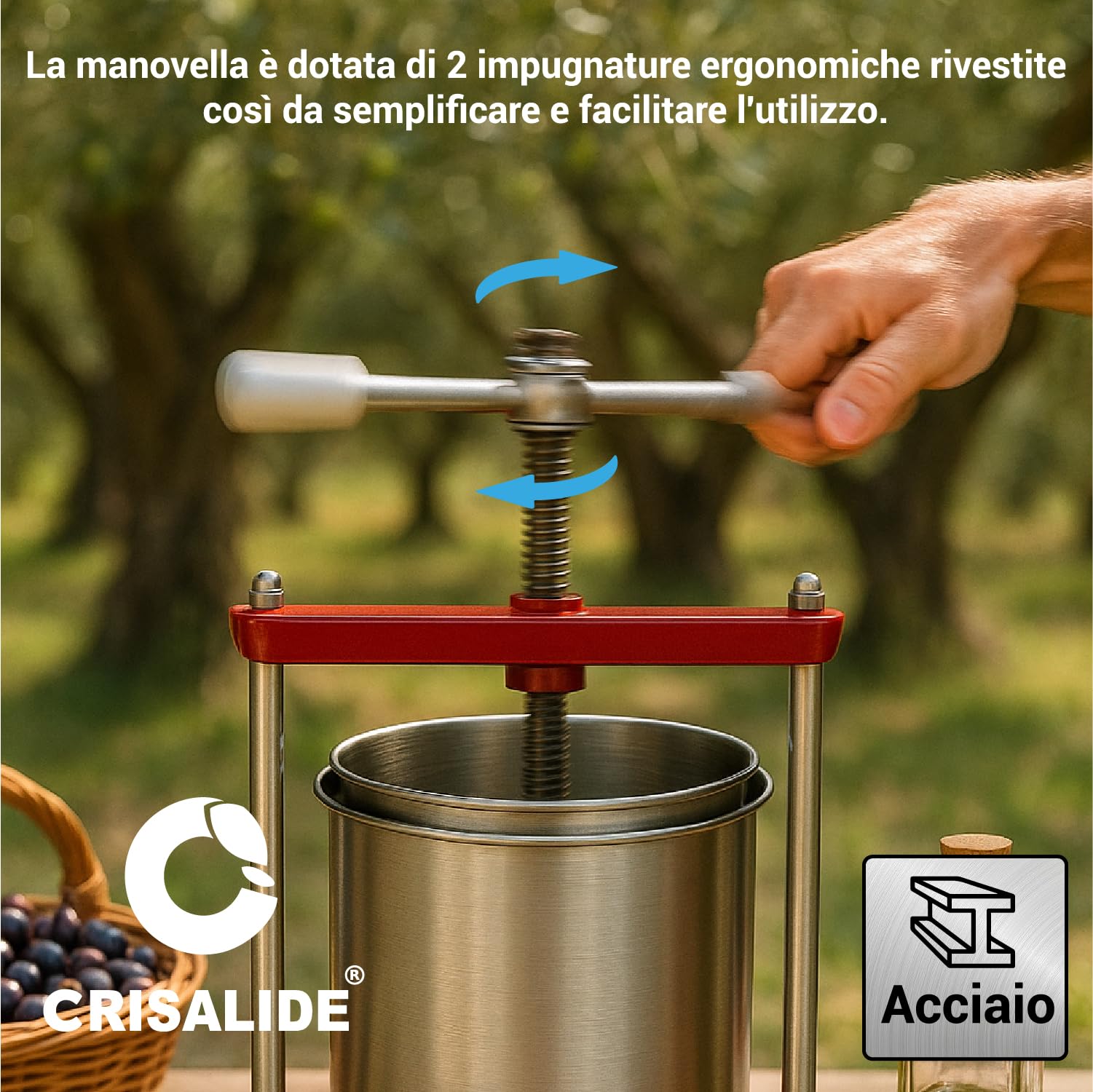 Crisalide® - Torchietto Spremitutto Milleusi Medio, Cestello da 3,5 Litri in Acciaio Inox, Beccuccio Scarico Ø14 mm, Diametro 16 cm