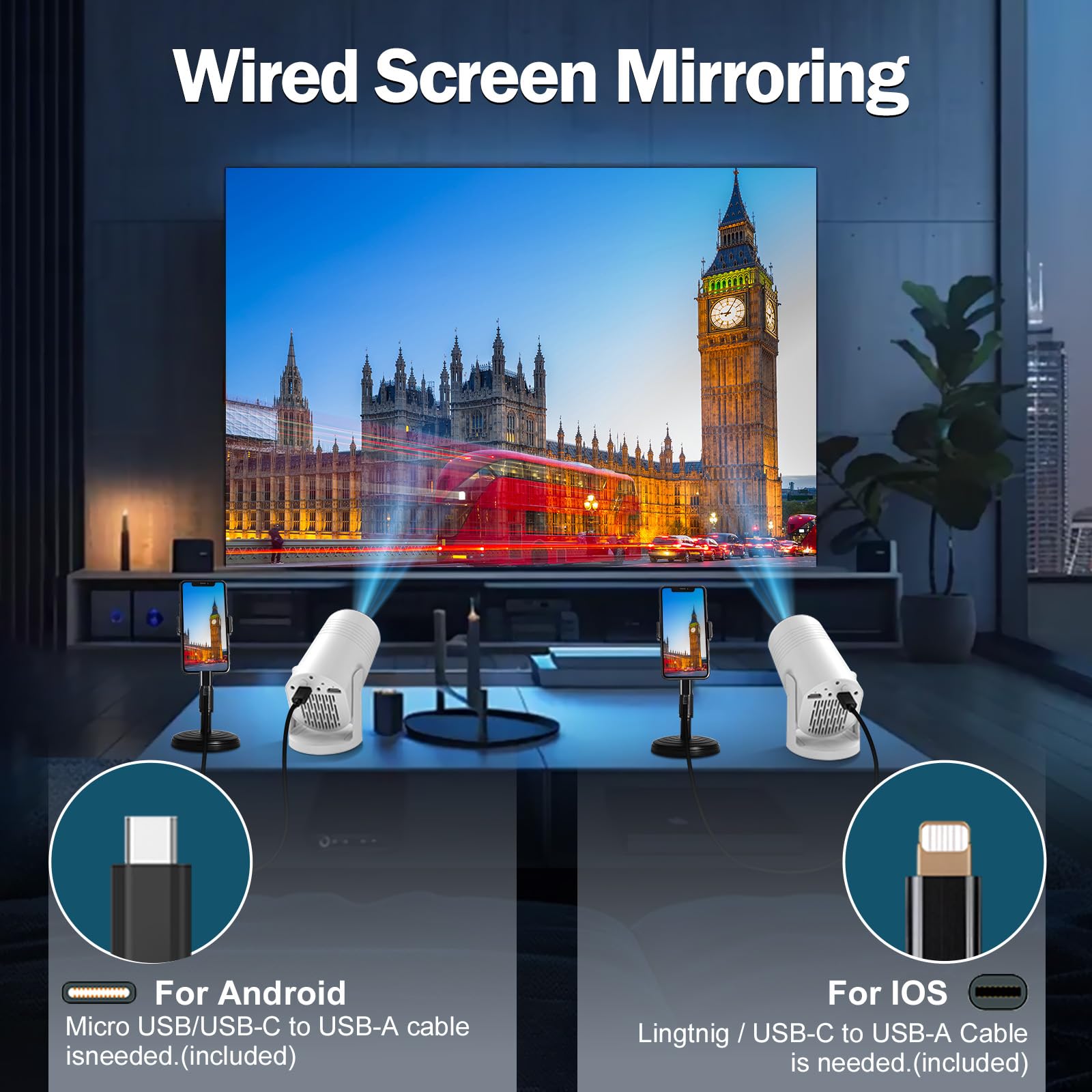 Wireless Mini Projector with WIFI 6 and Bluetooth, 4K 1080P Support Portable Projector 180° Rotatable. 17"-130" Screen Video Projector. Compatible for Smartphone, Laptop, PC(Q6 mate) - 5