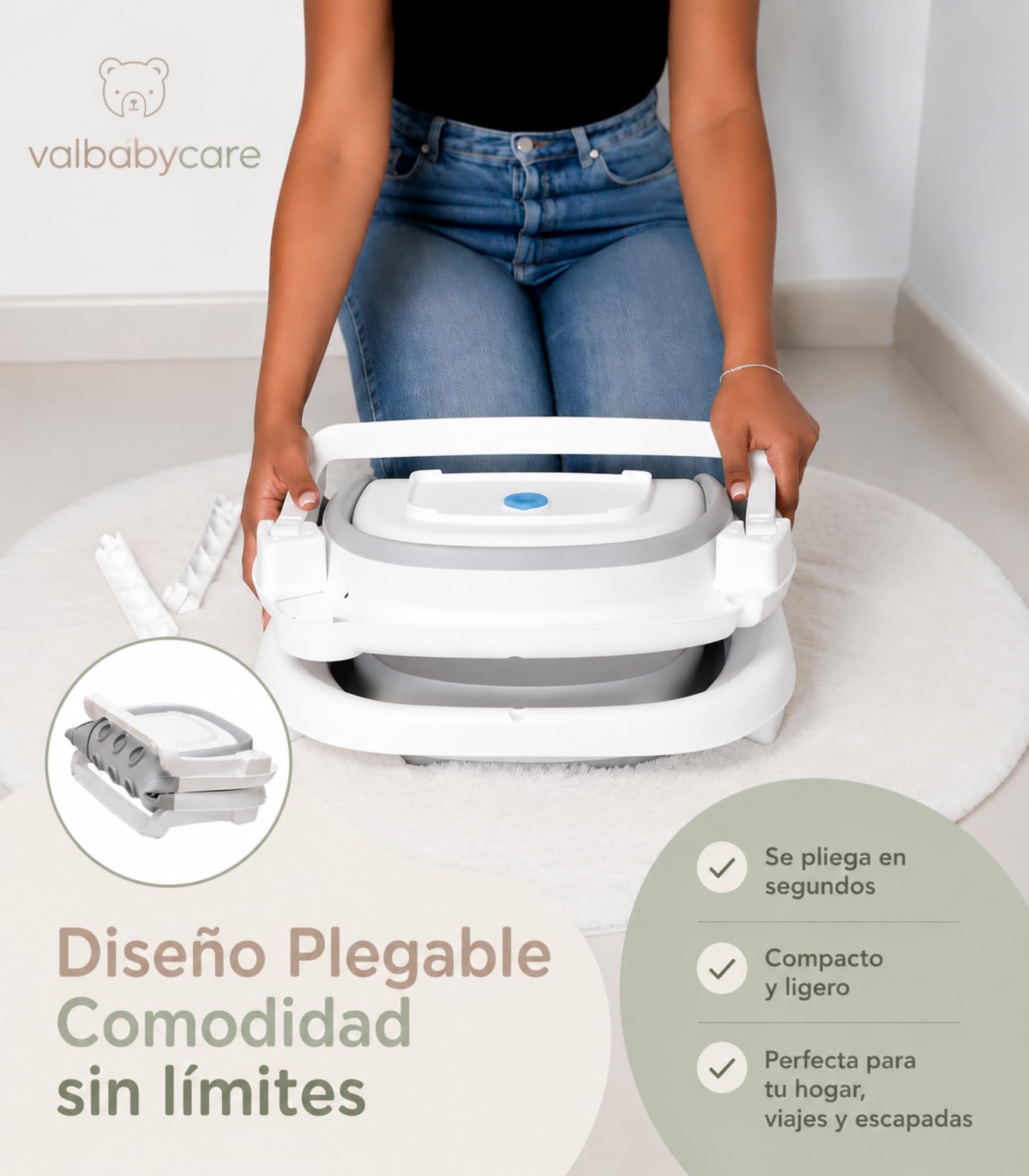 Bañera Plegable Bebe Portatil desde Recién Nacido Hasta 24 Meses + Cojín Panda Ergonómico Grande y Acolchado + Patas Antideslizantes Bañeras para Bebés Fácil de Limpiar Banheira Casa o Viaje | VALBABY