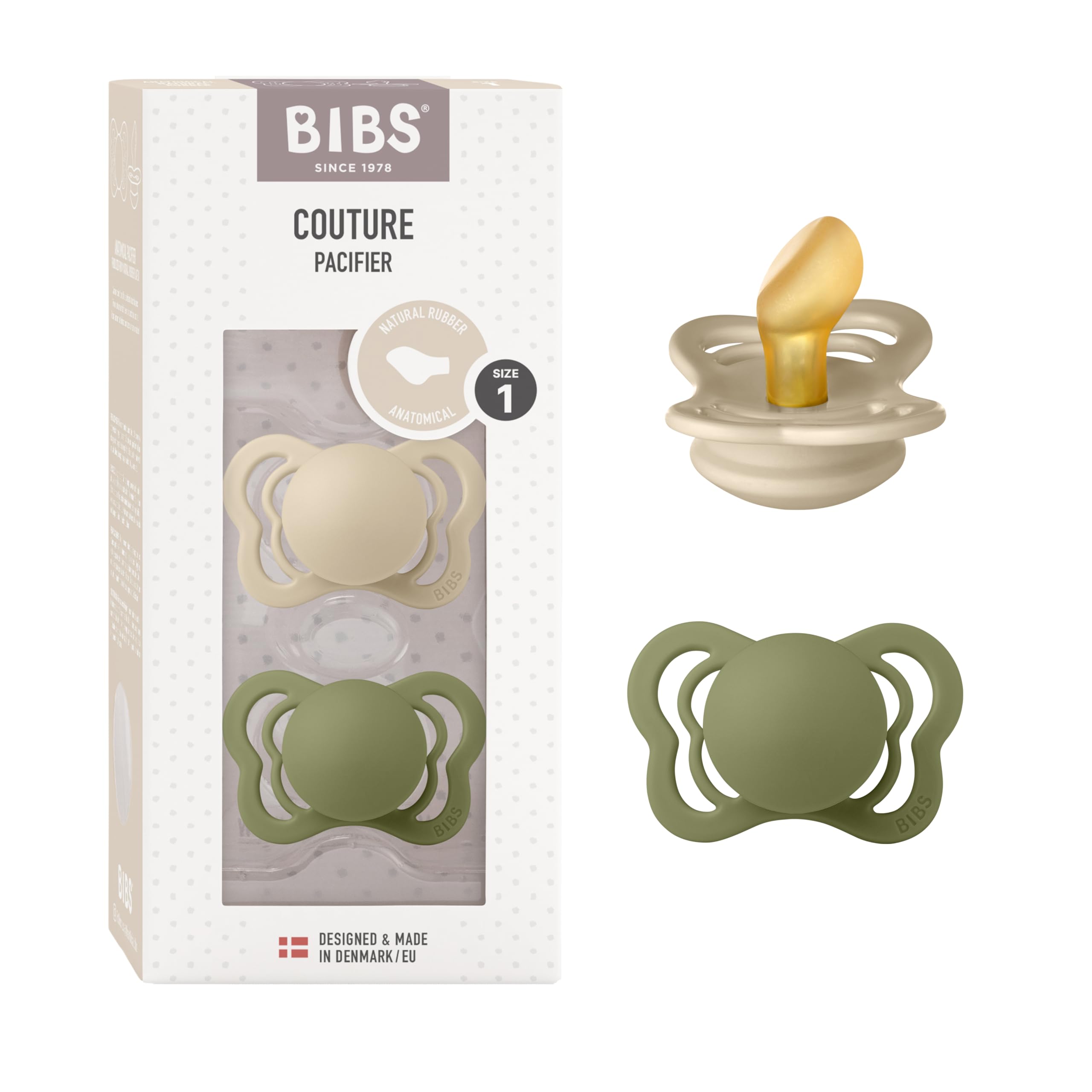 BIBS Couture Schnuller 2er-Pack, BPA-frei, Kiefergerechte Form. Naturkautschuk/Latex, Hergestellt in Dänemark. 0-6 Monate (2er Pack), Vanilla/Olive