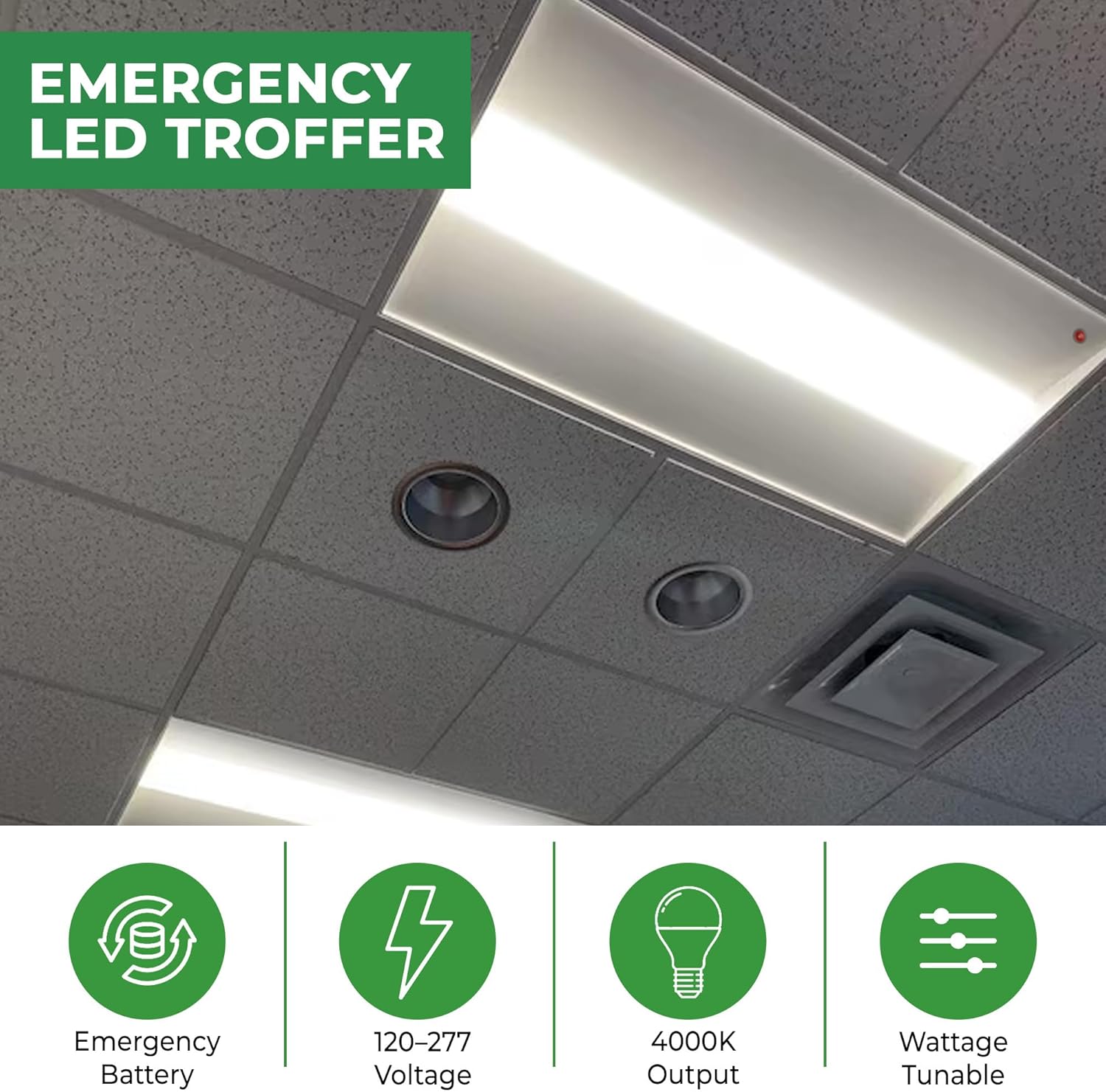 E2 LIGHTING 2 Pack 2x4 LED Troffer 2x4 Light with Emergency Battery Backup, 90-Min Emergency Mode at 8W, 4000K, Wattage Tunable 24W/36W/42W/50W, 0-10V Dimmable UL & ETL
