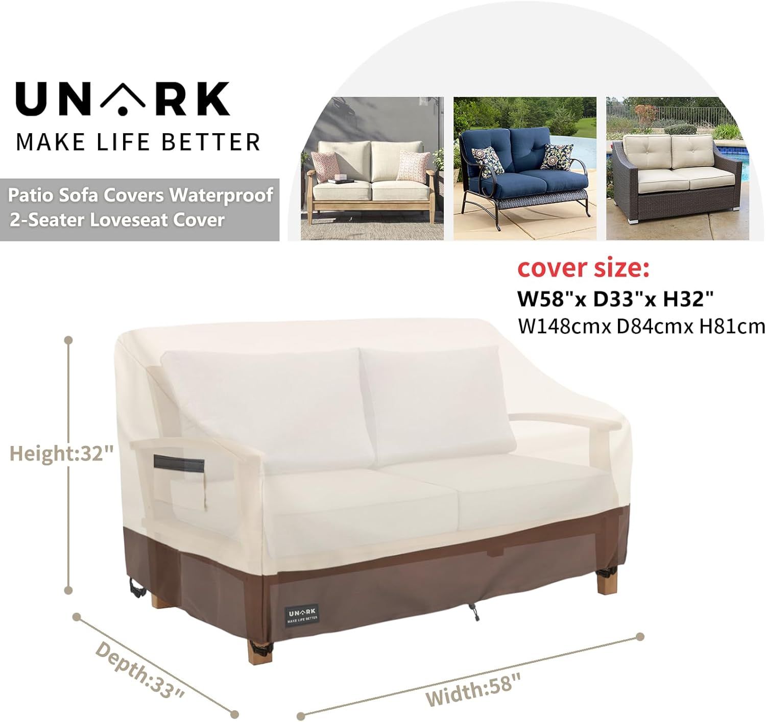 Outdoor 2-Seater Loveseat Cover, Waterproof Heavy Duty Patio Furniture Covers, 58W x 33D x 32H Inches Outdoor Couch Cover, Sofa Covers for Patio Furniture Waterproof, Beige and Brown