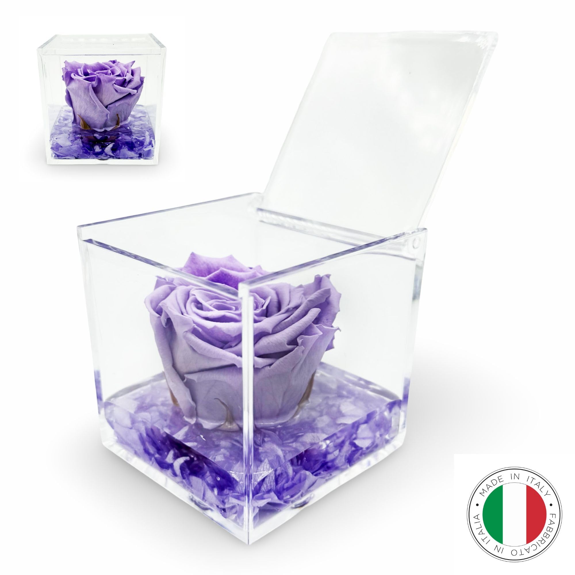 La Rosa dei SogniRosa stabilizzata profumata in Cubo Trasparente - Confezione Regalo Elegante - Durata 5-7 Anni - Made in Italy - 8x8 cm (Lilla)