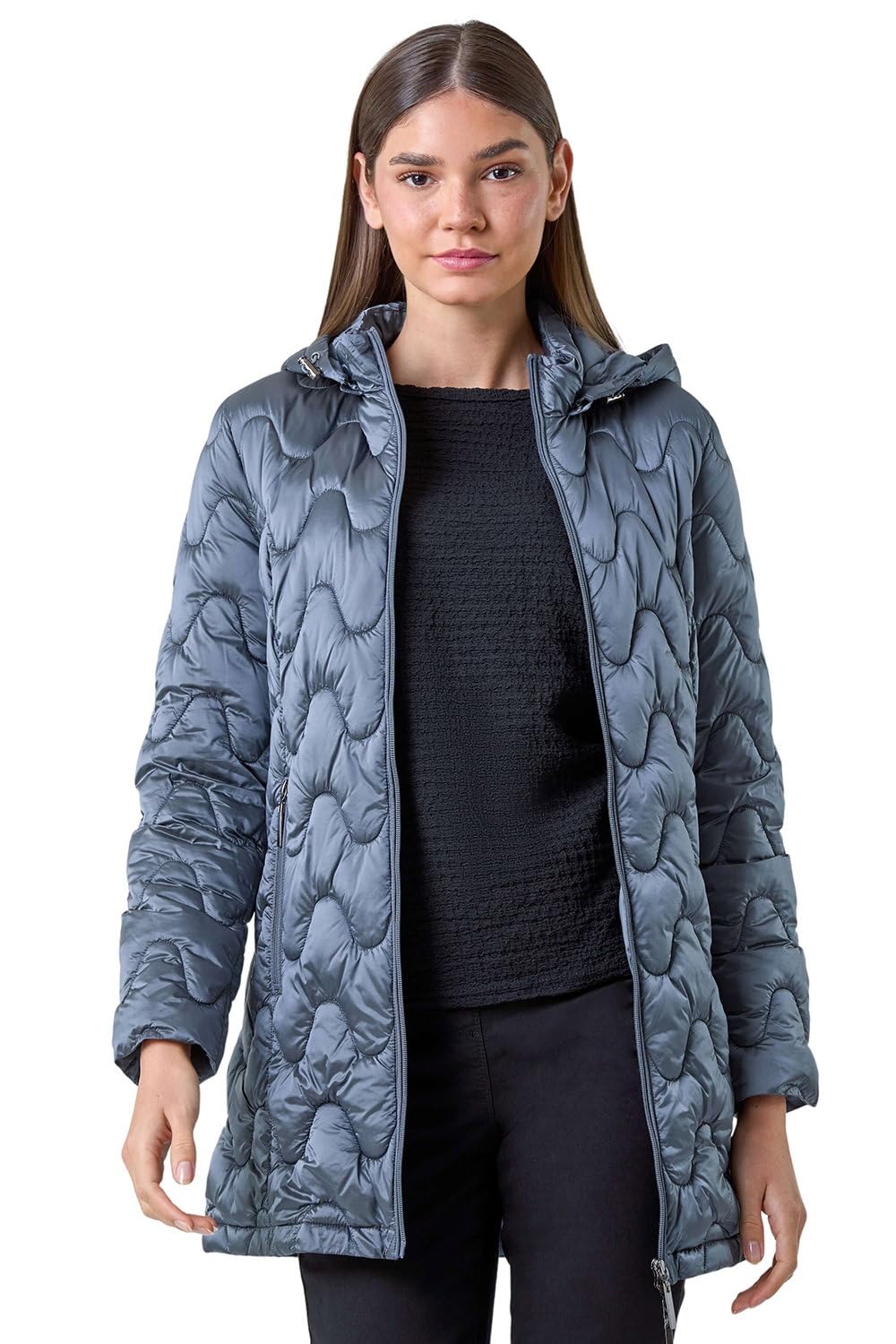 Roman Originals Women's Glossy Steel Blue Roman Padded Longline Coat With Hood - Zip Through Autumn Winter Long Length Lightweight Quilted Warm Cosy Everyday Zip Up Casual Jackets Coats - Size 18