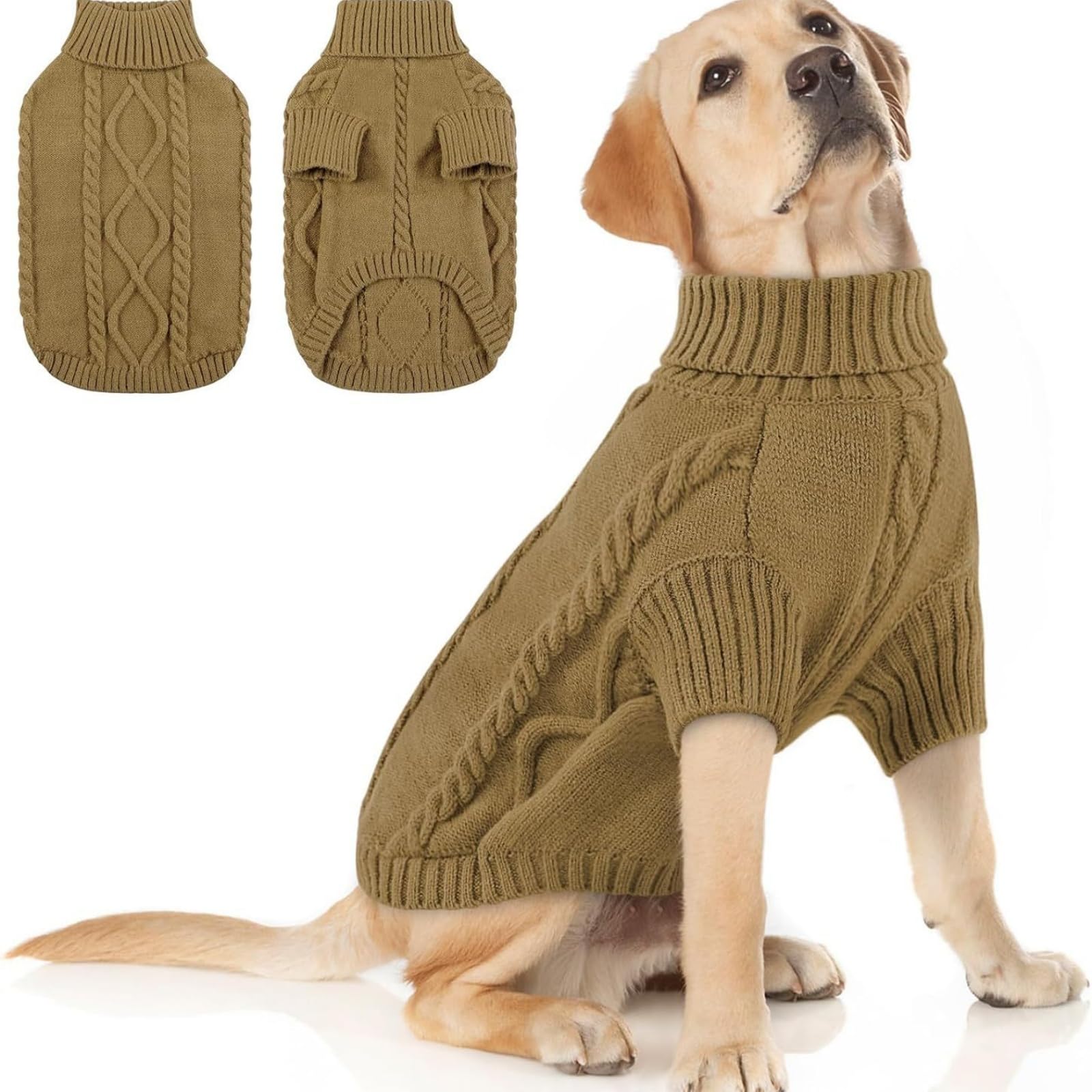Hixingo Dog Knitted Jumper for Large Medium Small, XS-5XL Puppy Knitted Jacket Soft Warm Lightweight Winter Coat for Cold Weather Pets Male or Female (Khaki,M)