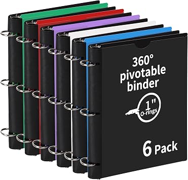 360 Pivotable 3 Ring Binder, Upgraded Foldable Binders 1 inch 6 Pack, Thin Small Three Ring Binder Fits 8.5" x 11", for Home, School and Office Binders Supplies - 6 Assorted Color