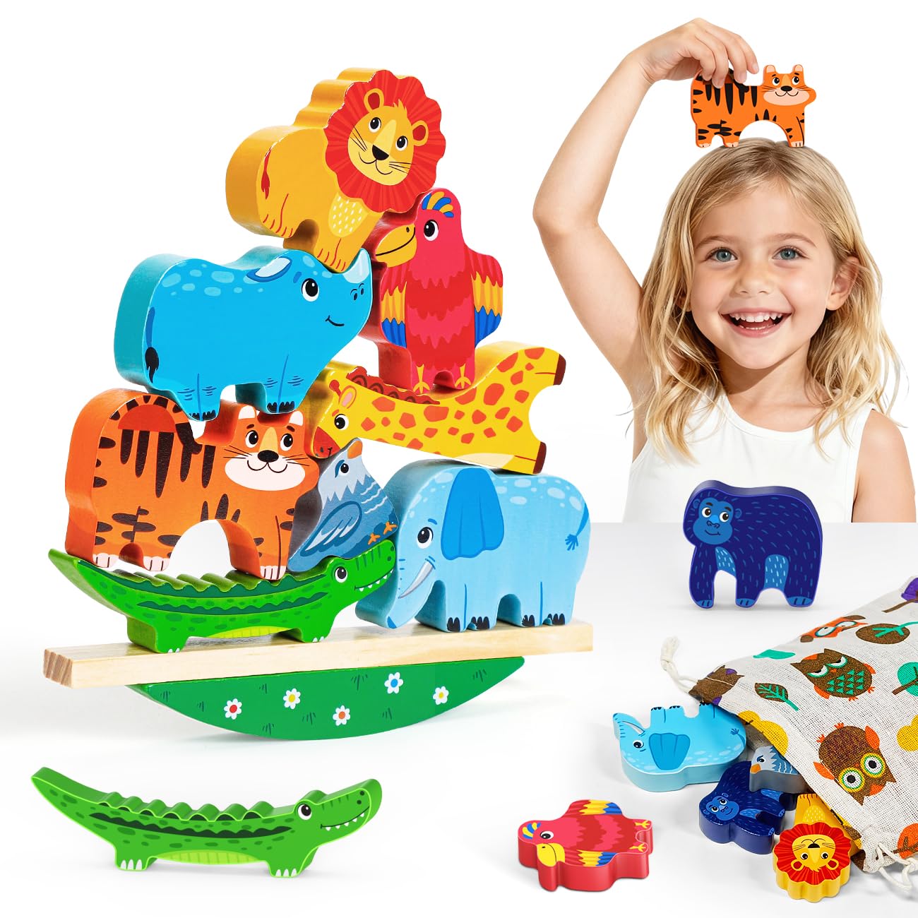 Montessori Toys for 1 2 Year Old Girl Gifts, Wooden Animal Stacking Toys for Toddlers, Learning Building Blocks Toys for Girls Age 1 2 3, Birthday Gifts for 1 2 3 Year Old Girls Boys Presents