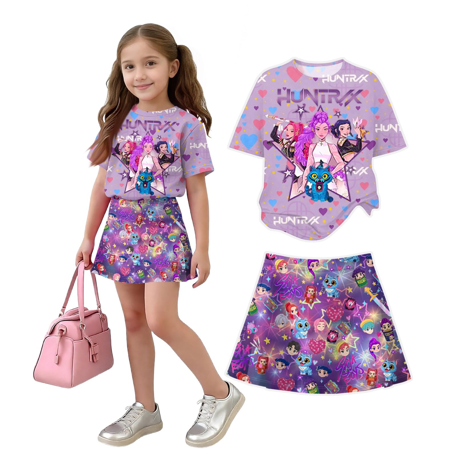 K Pop Short Sleeve T-Shirt and Skirts Outfits Set for Girls Hunters Girl's Anime Graphic Tees De-Mon Summer Sets — view 20