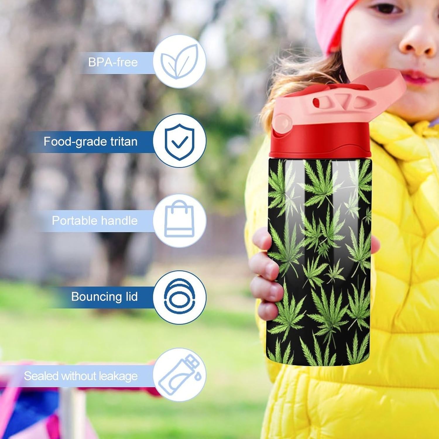 Green_Weed Insulated Water Bottle Travel Coffee Tumbler Stainless Steel Cup Mug with Flip Straw for Work