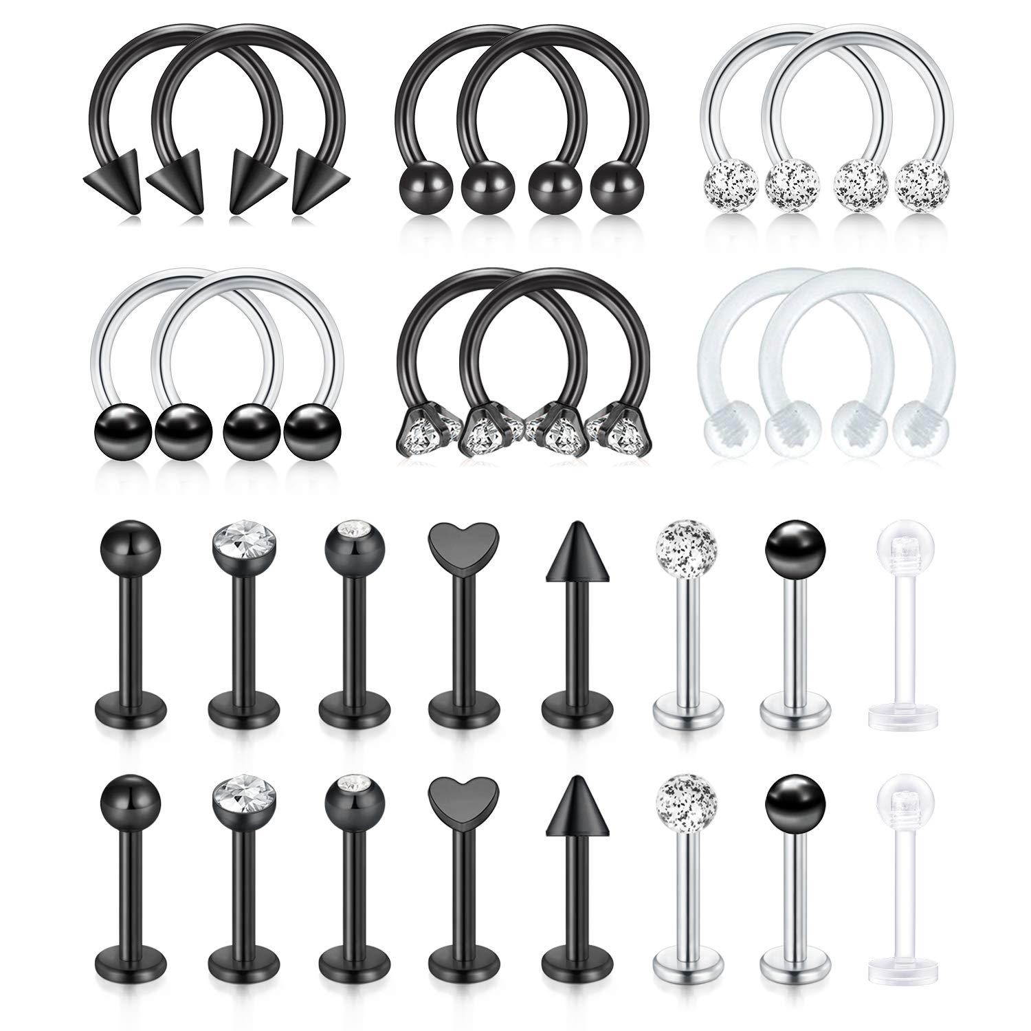 Funseedrr 16 Pairs Pendientes Piercing Cartílago Helix Aros Anillos Perno Acero Quirúrgico 8mm 16G Heradura Labio Labret Barra Piercing Joyas