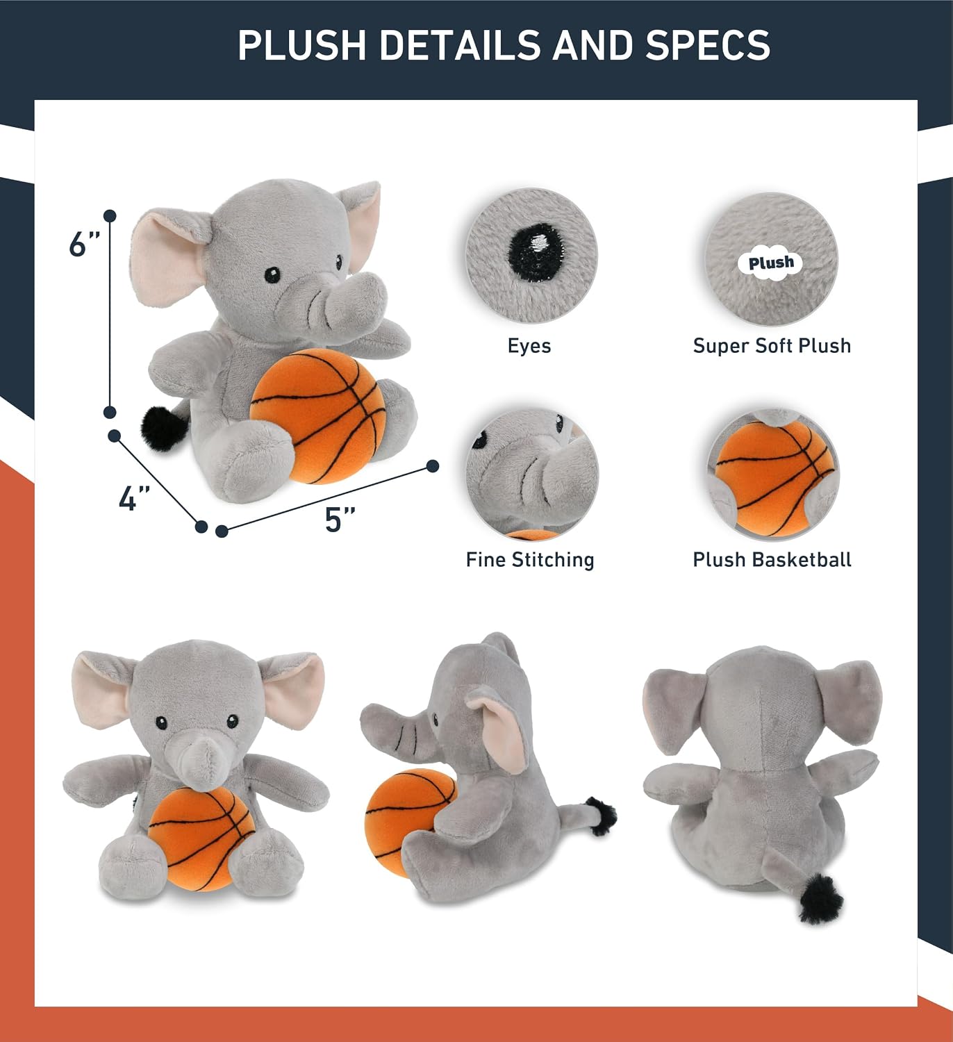 DolliBu Elephant Stuffed Animal with Basketball Plush - Soft Huggable Elephant, Adorable Playtime Plush Toy, Cute Safari Life Gift, Personalized Plush Doll Animal Toy for Kids and Adults - 6 Inches