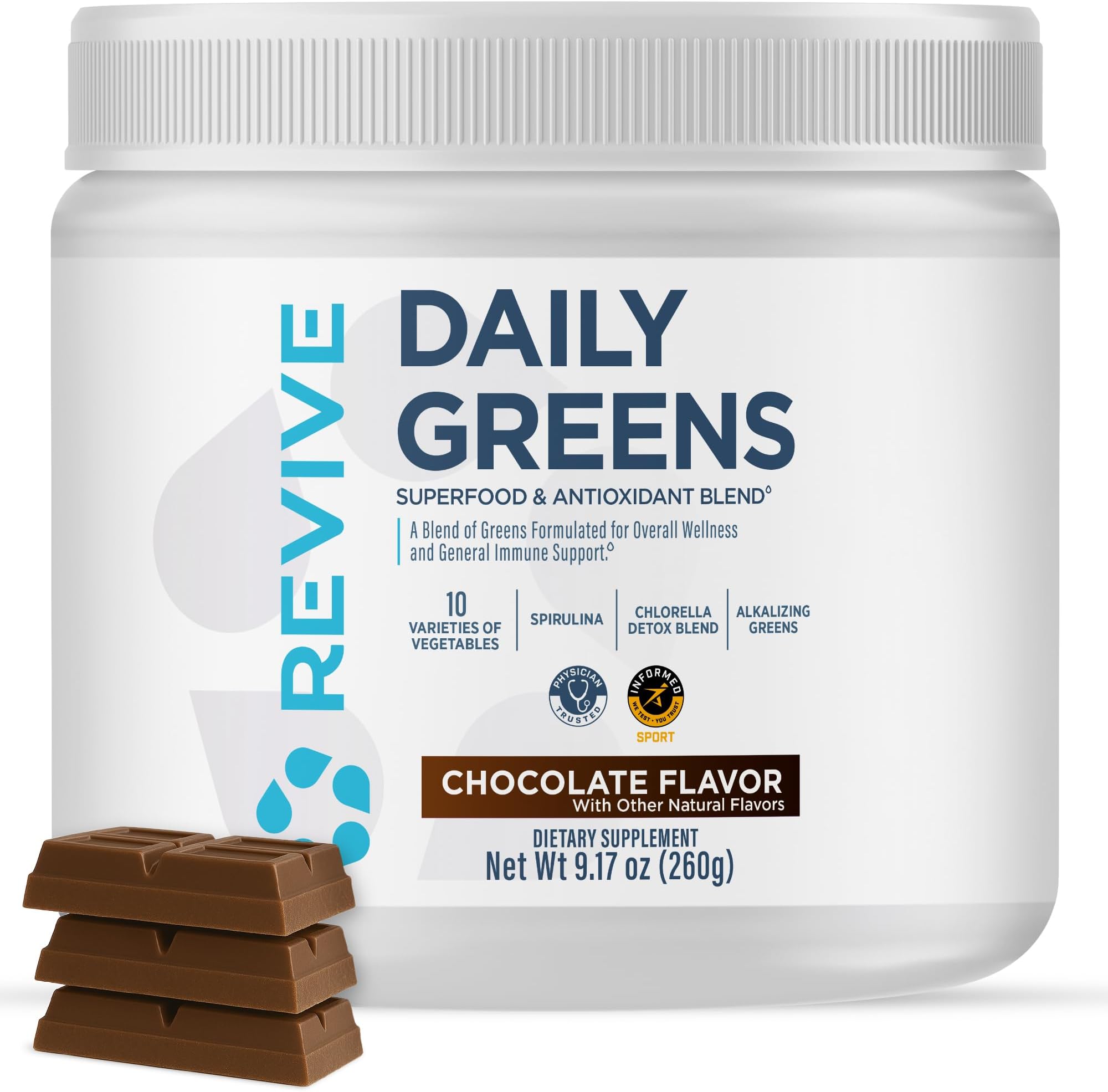 Revive MD Daily Greens Powder, Chocolate – Superfood & Antioxidant Blend for Energy, Gut Health & Immunity – Greens Supplement with Vitamins, Minerals, Digestive Enzymes & Probiotics (20 Servings)