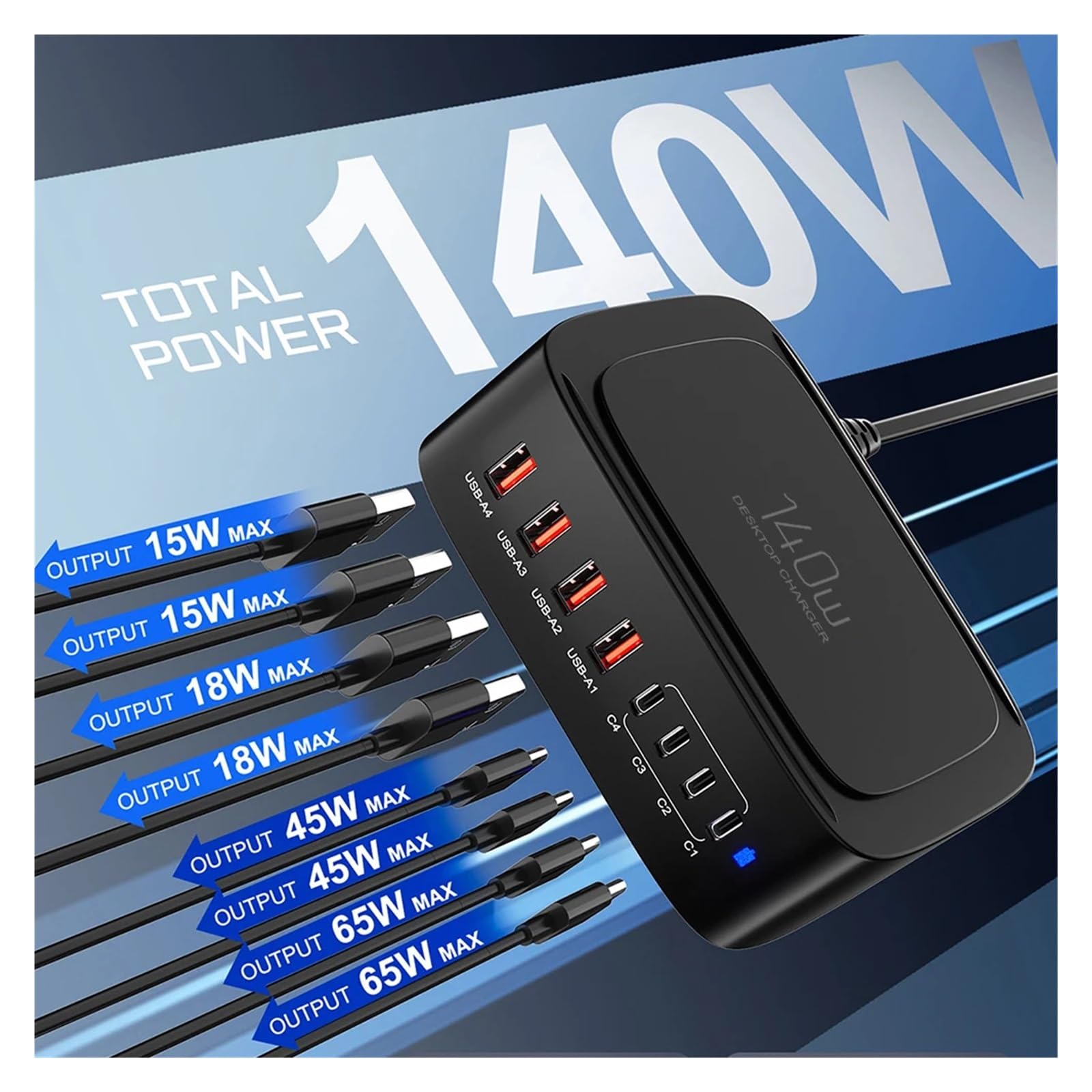 Ładowarka USB C Z 8 Portami I Mocą 140 W. Szybka QC3.0 PPS