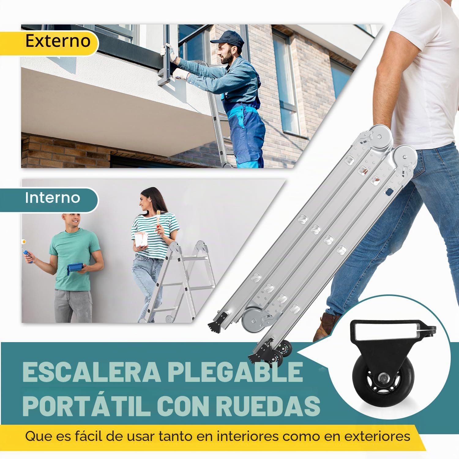 Escalera multiusos de aluminio de 3,6 m, 4 x 3 peldaños, escalera multifunción con plataforma, escalera de aluminio con 2 placas de andamio, escalera plegable de 16 peldaños, escalera de hasta