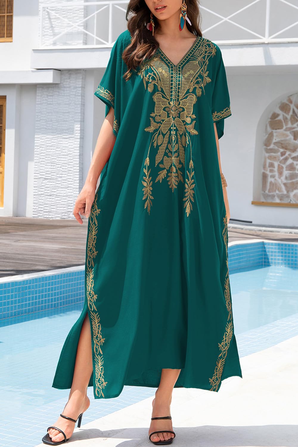 LikeJump Damskie stroje kąpielowe z haftem kwiatowym w stylu boho, kaftan, okrycie bikini, letnia sukienka plażowa