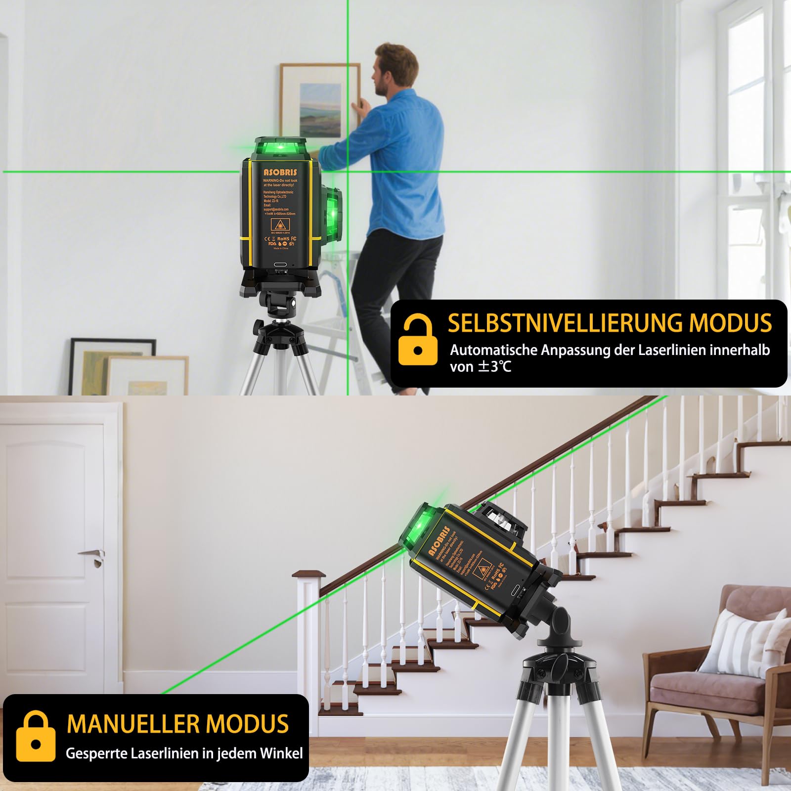 Kreuzlinienlaser mit Stativ,ASOBRIS 16 Linienlaser Selbstnivellierend Laser Wasserwaage mit 2x2400mAh Batterien,Fernbedienung&LED-Anzeige,4x360 Grad Nivellierlaser Laser Level kreuzlaser (Gelb)