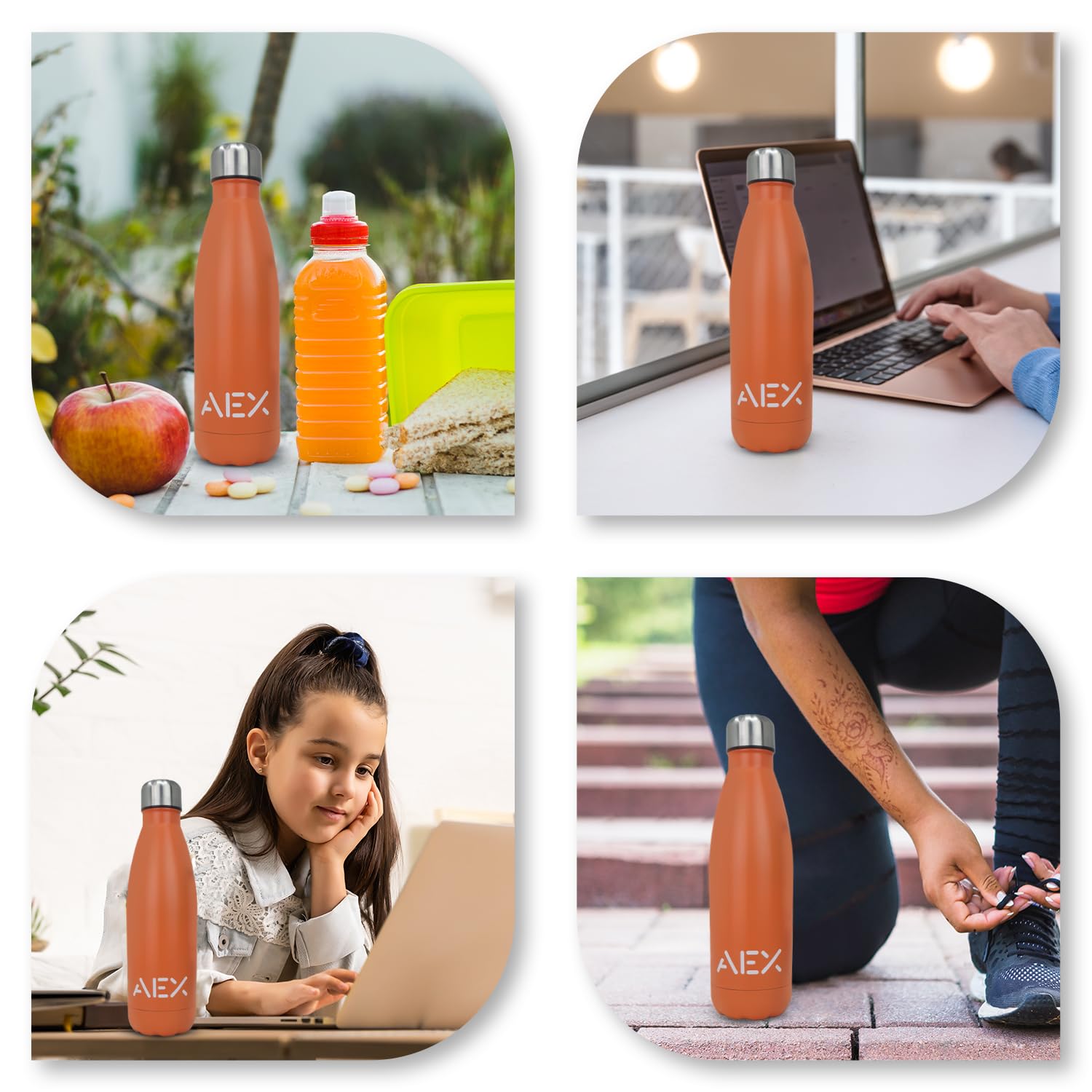 AEX Edelstahl-Wasserflasche, BPA-frei, vakuumisoliert, Metall-Wasserflasche für 12 Stunden heiße und 24 Stunden kalte Getränke, Sportflasche, Fitnessstudio, Reisen – 500 ml (matt orange)