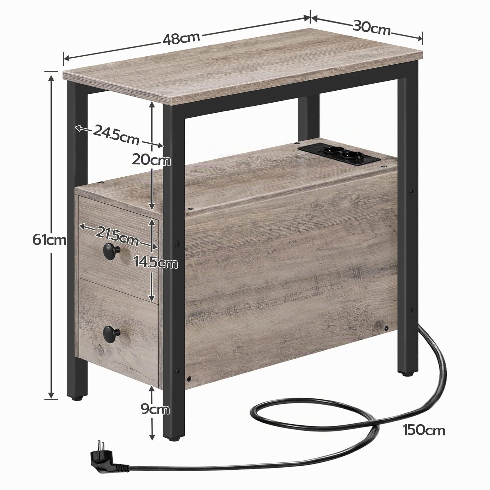 HOOBRO Mesa Auxiliar con Estación de Carga, Mesita Auxiliar de Sofá con 2 Cajones, Puerto USB y Toma de Corriente, Mesita de Noche para Espacios Reducidos, Salón, Dormitorio, Greige y Negro EBG542BZ01