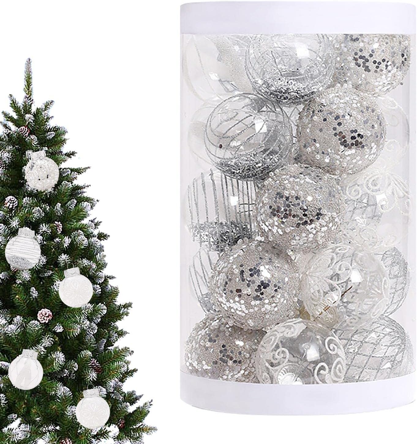 tongling5 Pcs Christmas Ball Ornaments - 25pcs Glittering Christmas Ball Ornaments | Silver White PVC Ball Christmas Ornaments Set Thanksgiving Party Supplies, 2.36inch/6cm