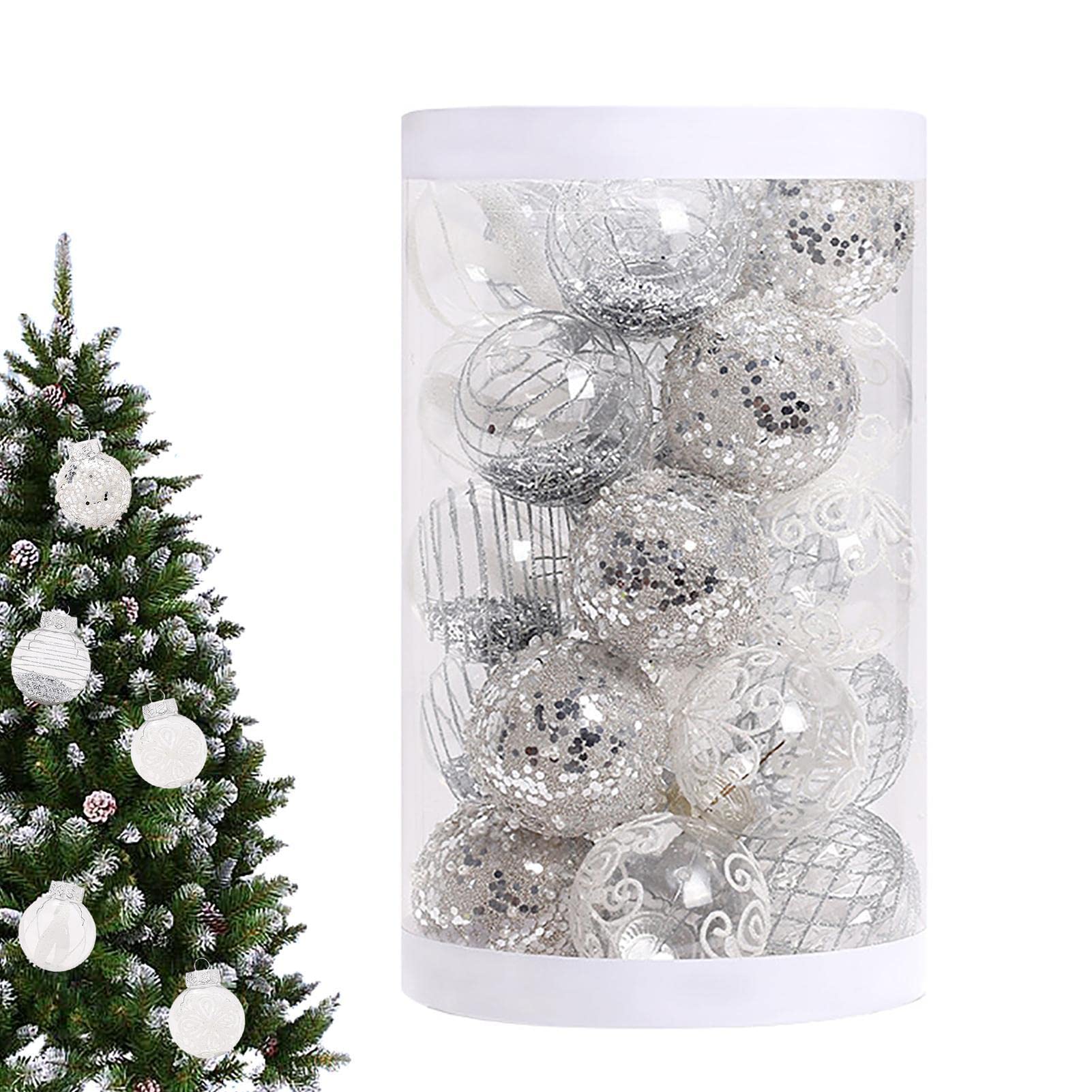 tongling5 Pcs Christmas Ball Ornaments - 25pcs Glittering Christmas Ball Ornaments | Silver White PVC Ball Christmas Ornaments Set Thanksgiving Party Supplies, 2.36inch/6cm
