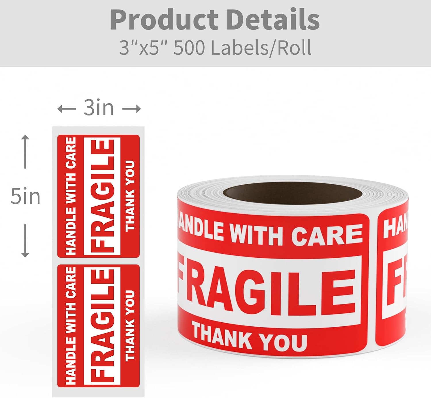 3"X5" Fragile Stickers for Shipping and Moving, Fragile Handle with Care Labels Warning Stickers, Permanent Adhesive (500 Labels, 4 Roll)