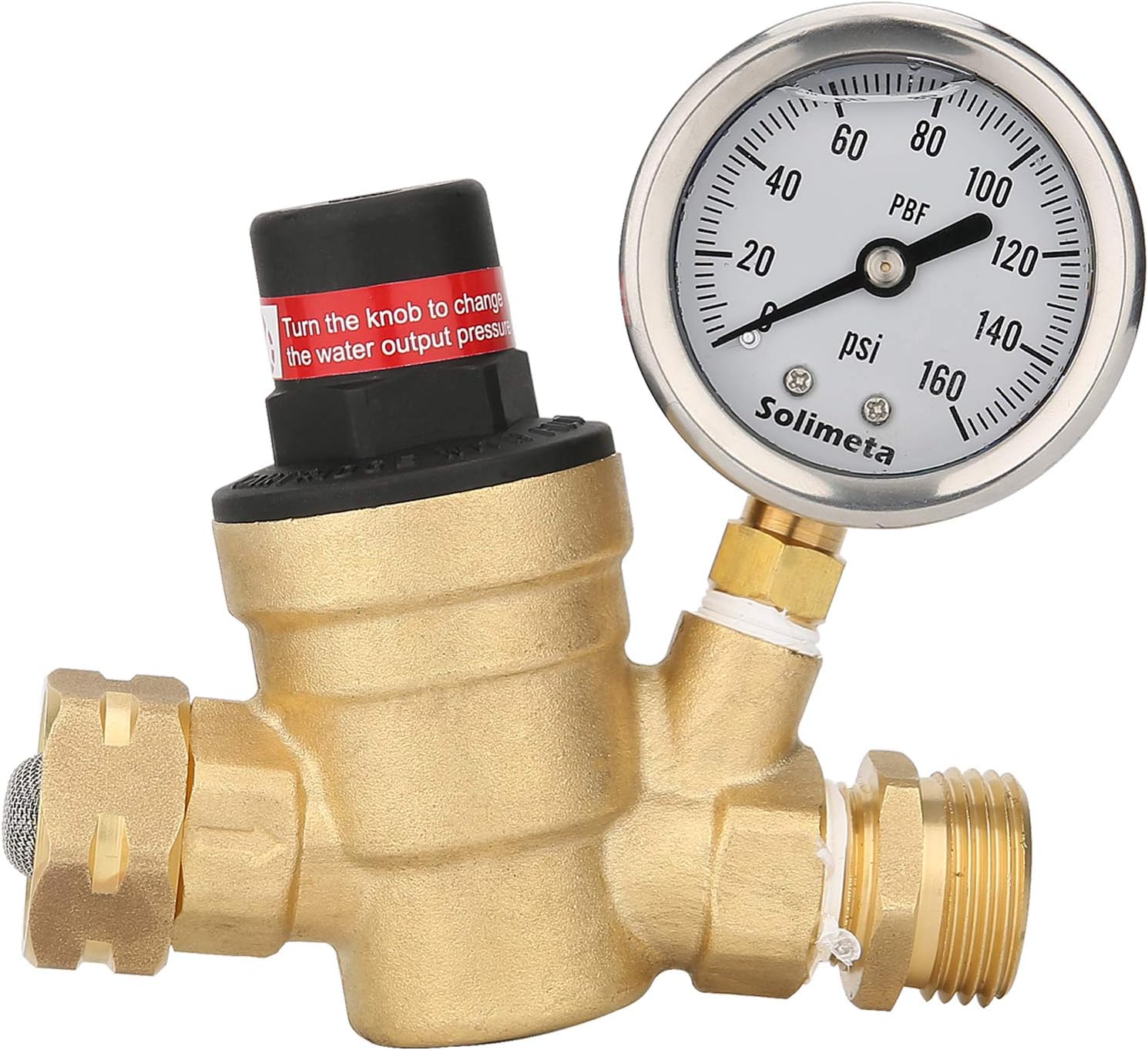 Solimeta Adjustable Lead-Free Brass RV Pressure Regulator, Pressure Reducer with Liquid Filled Pressure Gauge 160psi and Inlet Screened Filter for RV Camper Travel Trailer