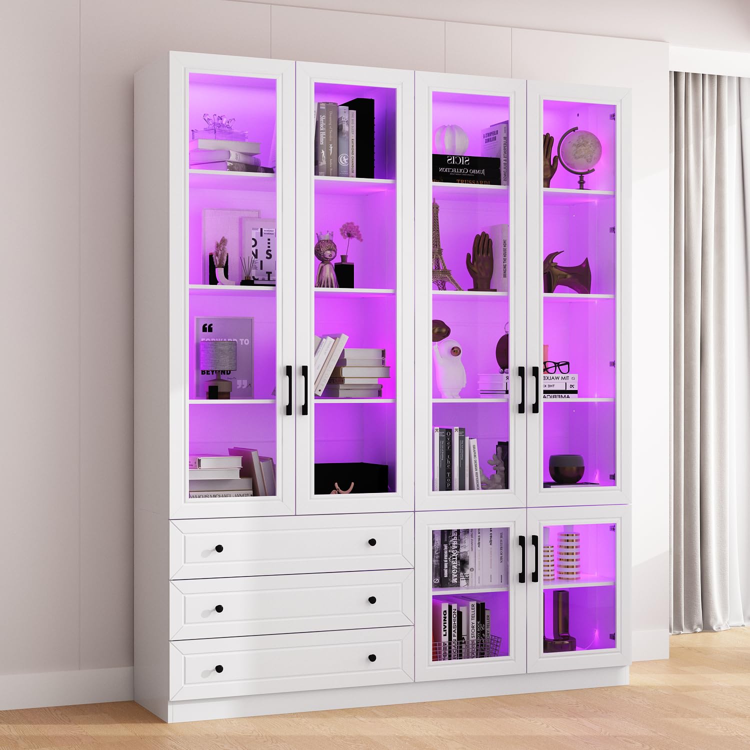 ROMSHINE Display Cabinet with Glass Doors, 63" W Bookshelf with Lights in 7 Color Mode, Large Home Office Storage Cabinet with 3 Drawers, Collectibles