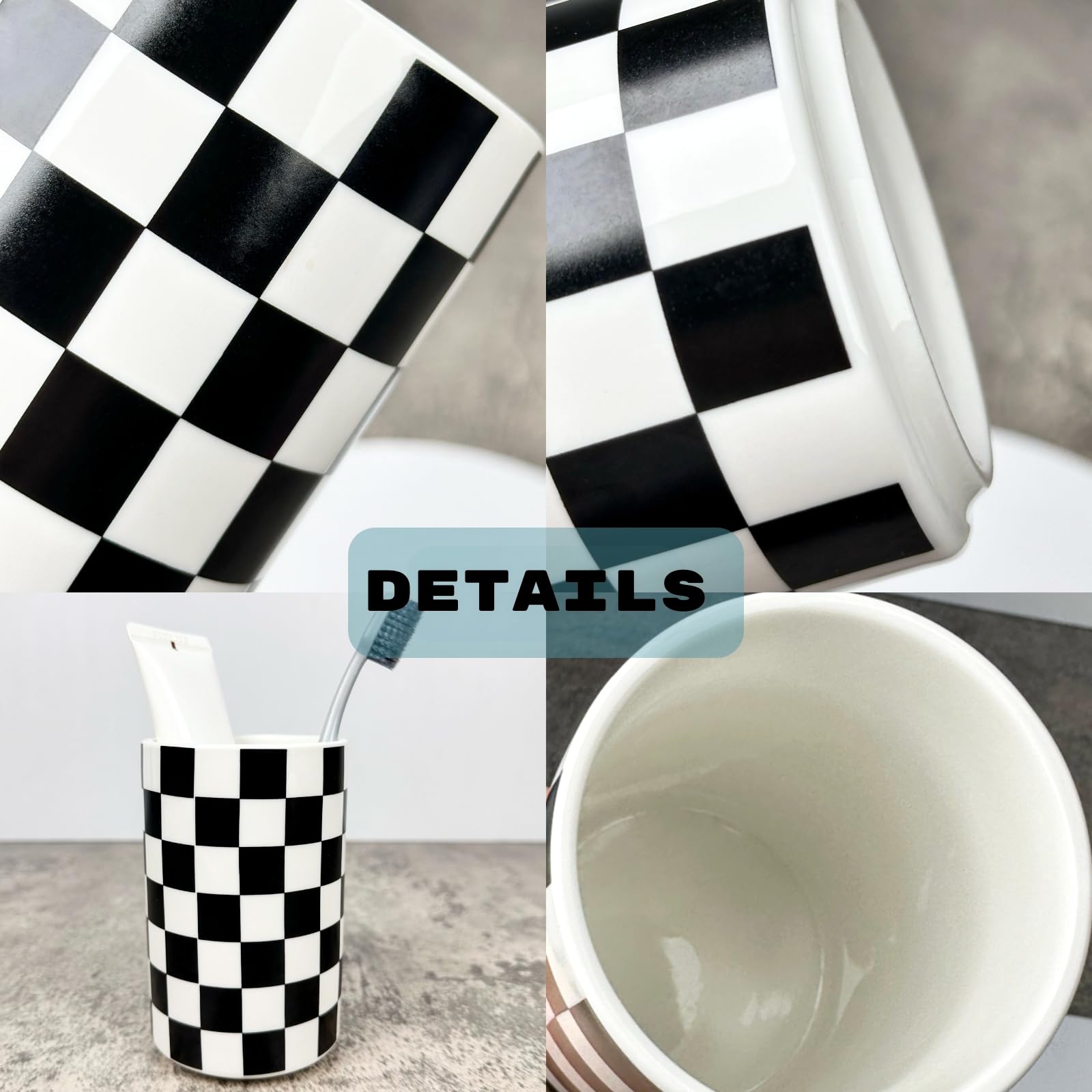 Tooth brush Holder for Bathroom, Black and White Ceramic Toothbrush Holders for Bathrooms, Modern Cute Toothbrushes and Toothpaste Caddy for Bath Countertop Storage Organizer, Checkered Bathroom Decor