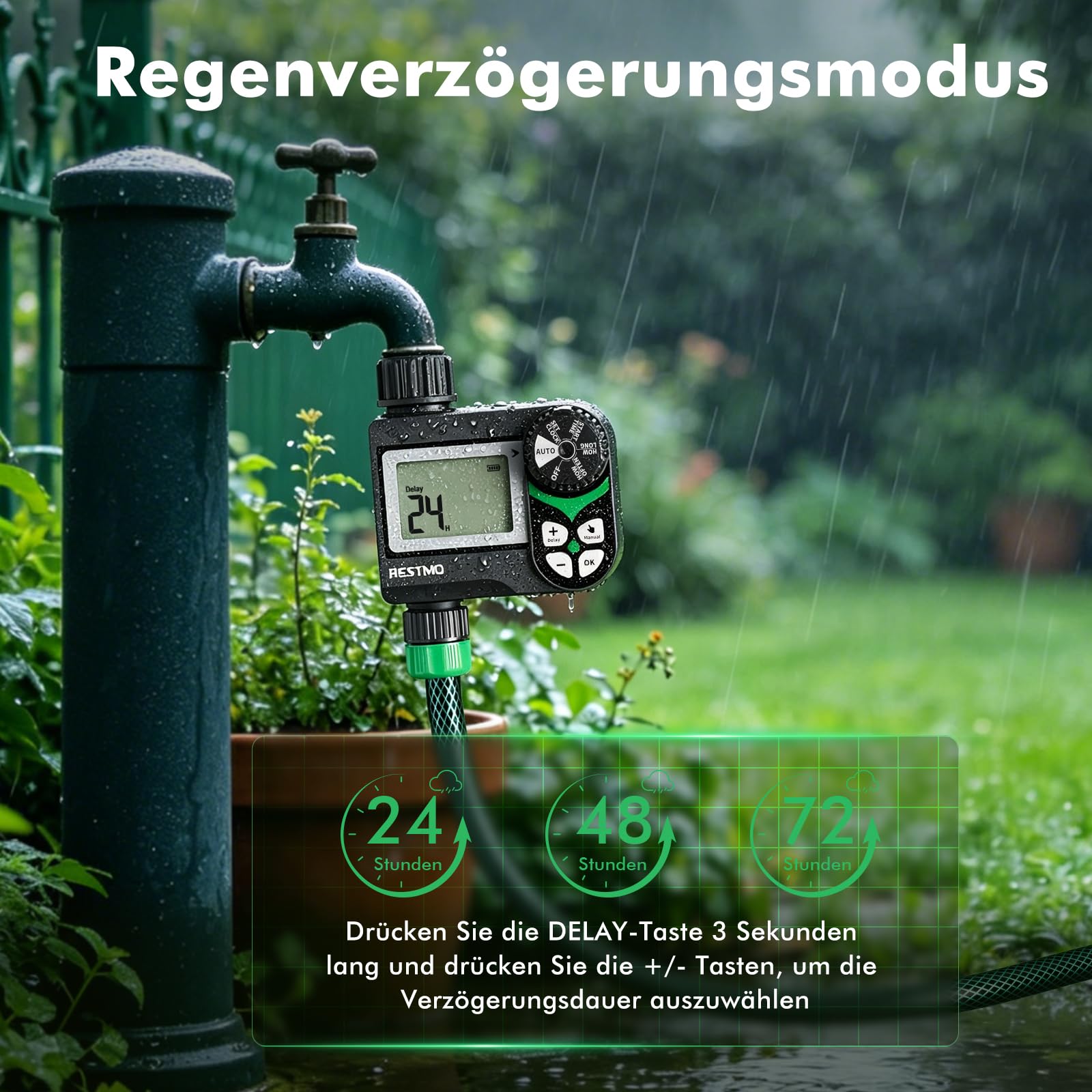 RESTMO Bewässerungscomputer mit druckverlustfreiem Kugelhahn (0-120 PSI), Intervall-Programm (2 Modi) & Regenverzögerung (24-72 h) – Gartenbewässerungssystem für Regentonnen, Hochbeete, Rasen