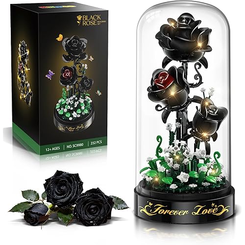 Flower Building Set with LED Light - 232 PCS Black Rose Building Blocks Kit with Dust Cover, Easter Day Gift for Her Grilfriend Wife 3.6MM Flower Botanical Collection Block Toy Home Decor