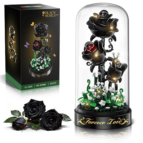 HiWEEGO Flower Building Set with LED Light - 232 PCS Black Rose Building Blocks Kit with Dust Cover, Valentine's Day Gift for Her Grilfriend Wife 3.6MM Flower Botanical Collection Block Toy Home Decor