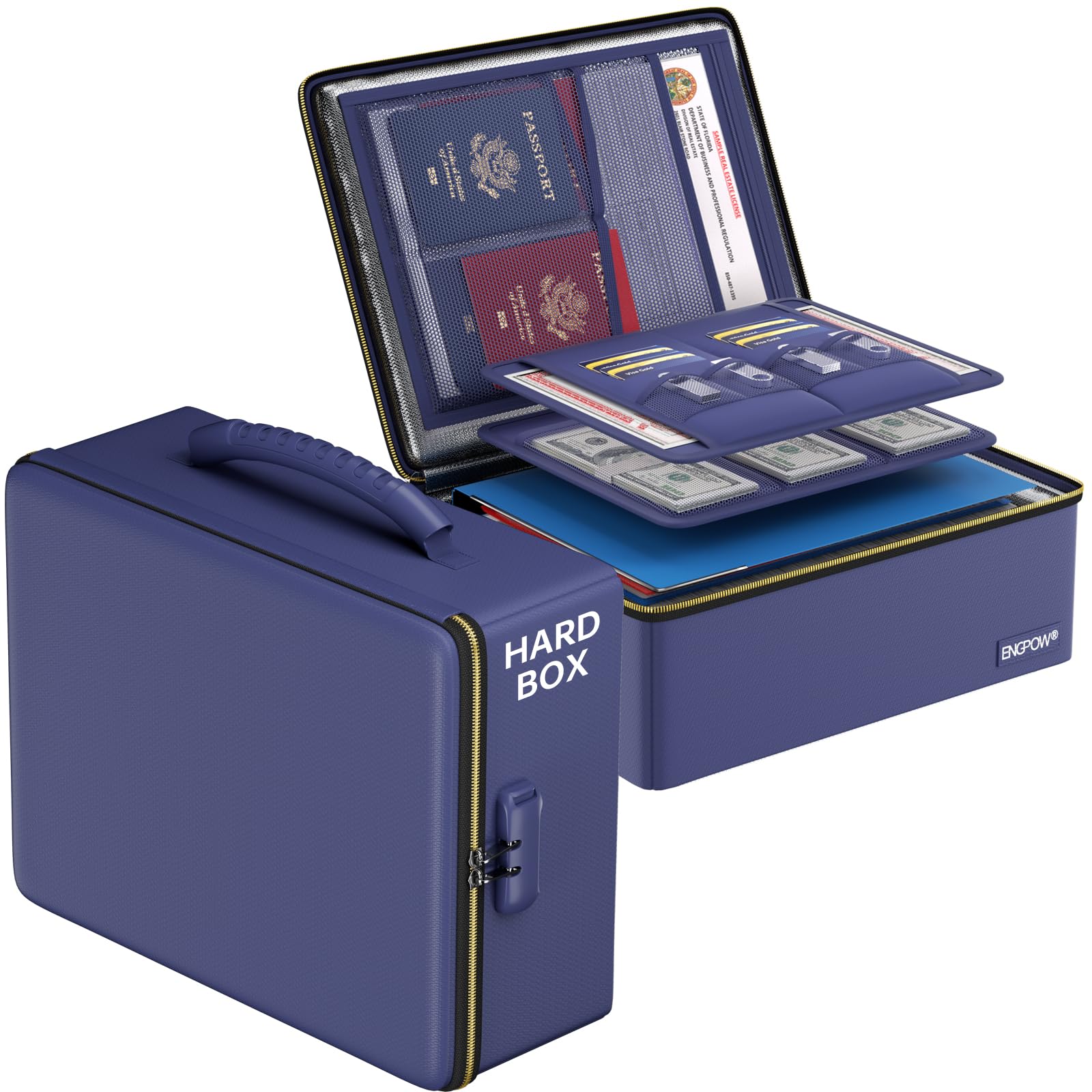 ENGPOW Fireproof Document Box, Hard Fire Retardant Box With Fire Retardant Zipper And Zipper, Thermal Insulated Fire Retardant Waterproof Storage Box