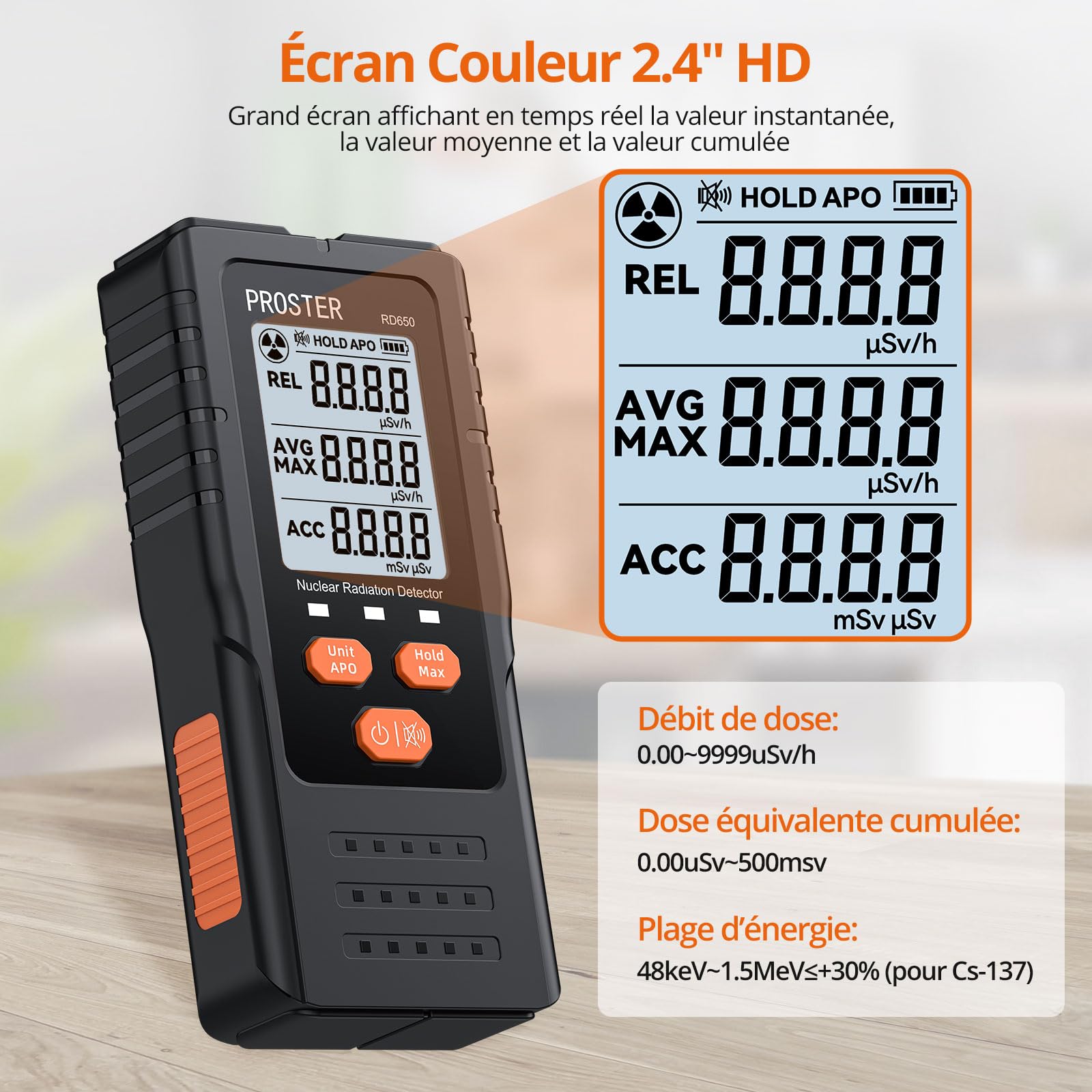 Proster Compteur Geiger Portable – Détecteur de rayons X, Gamma, Bêta avec Alarmes Sonore/Lumineuse, Écran Couleur HD 2.4", Dosimètre 0.00~9999µSv/h pour Maison, Laboratoire, Tests Environnementaux