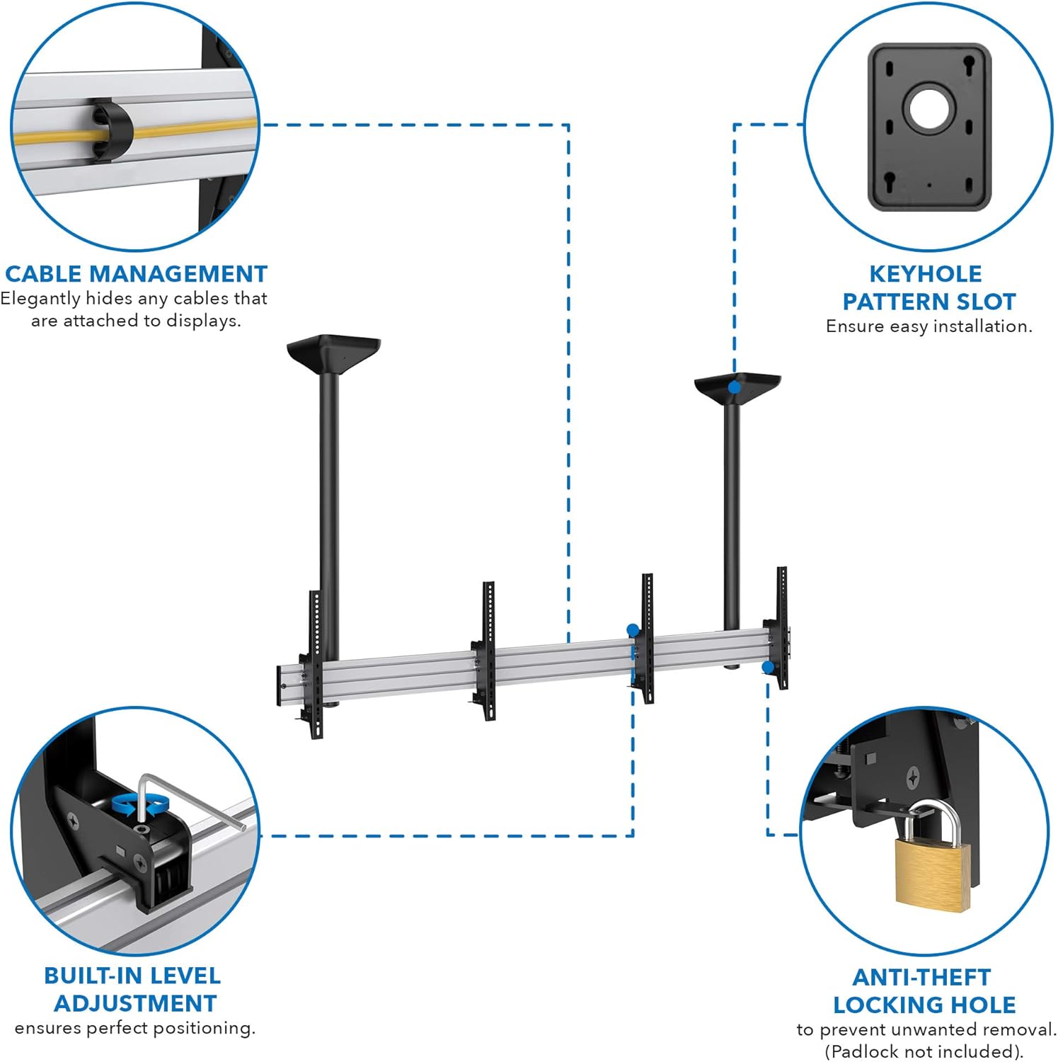 MOUNT-IT! Ceiling Mounting System for Digital Menu Boards and Signage | 3 Screens Wide | 45"-50" TVs | 42.5" Height | 110lbs Weight Capacity Per Screen, VESA Compatible 200x200-600x400 (Silver)